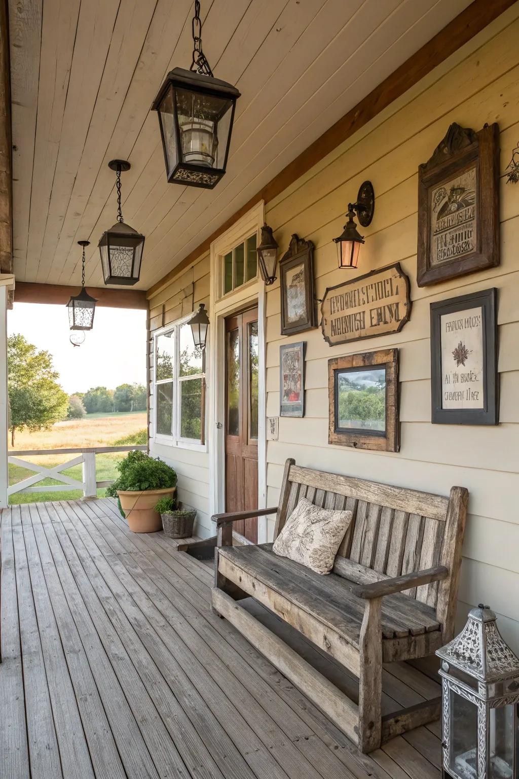 Country-style wall decor enhances this charming porch.