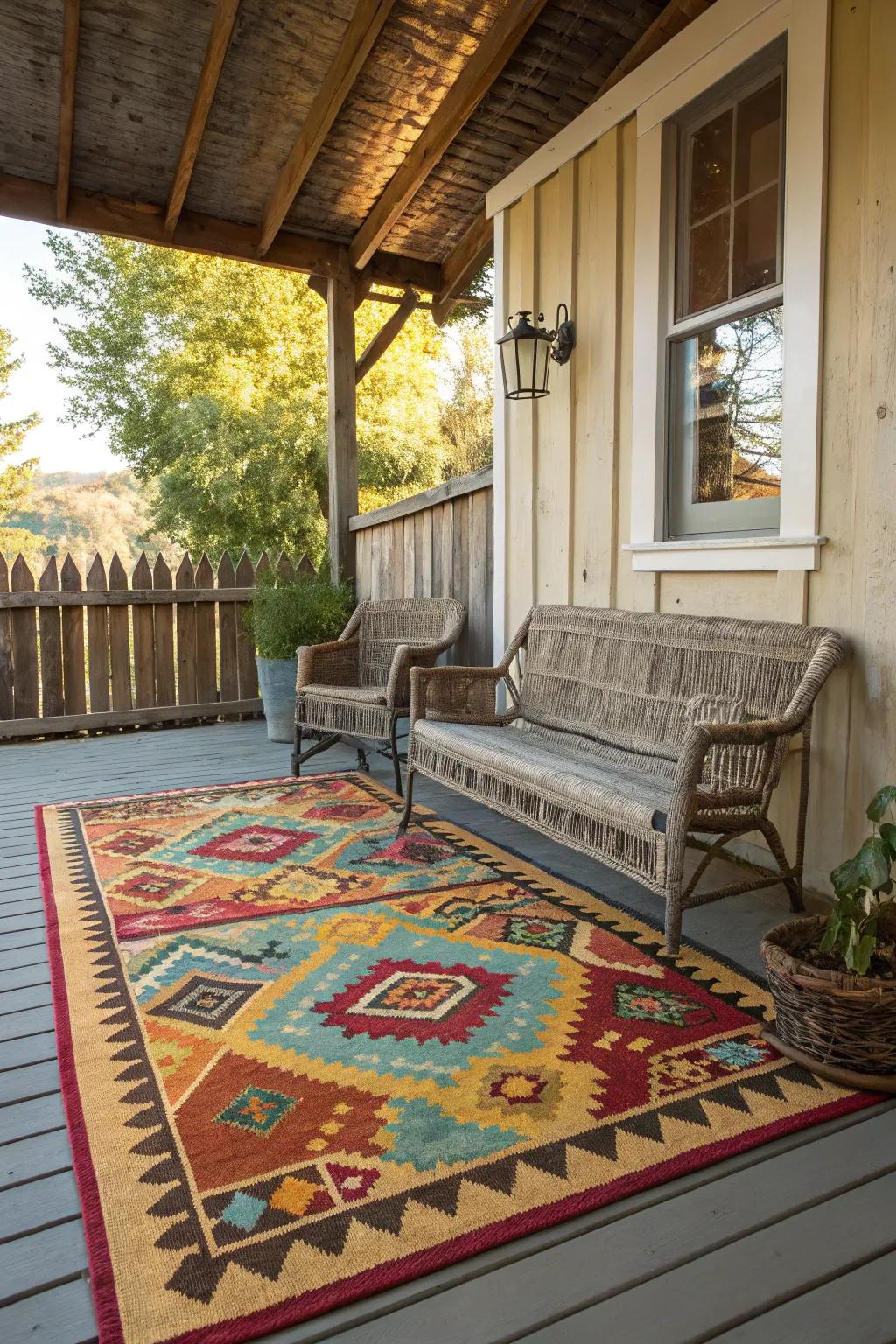 An outdoor mat adds pattern and warmth to your porch.