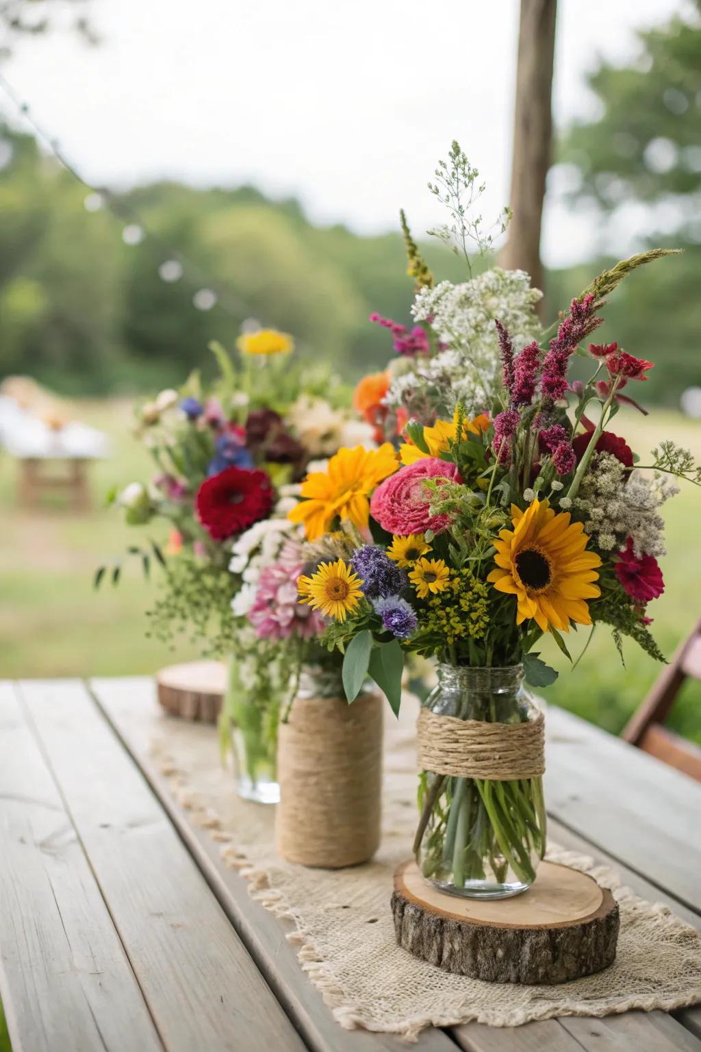 Charming DIY wedding blossom compositions featuring wildflowers.