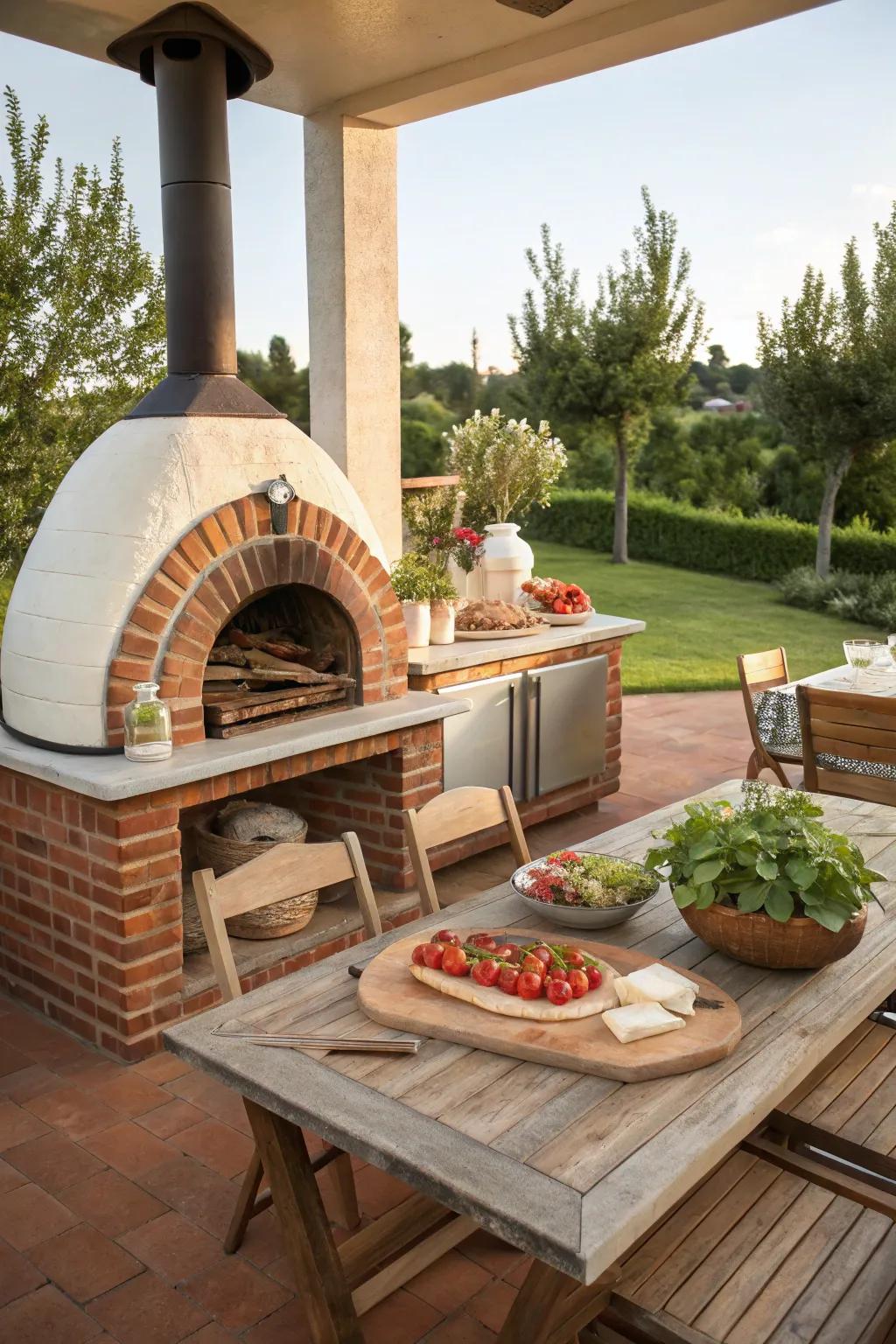 An Italian-style pizza baking oven brings authentic flavors to your outdoor cooking area.