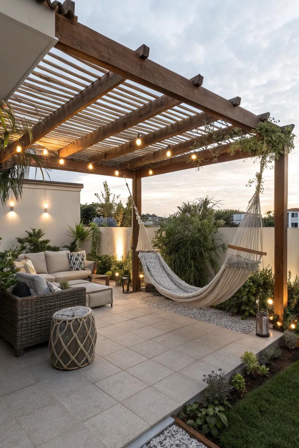 A hammock pergola is the perfect blend of relaxation and style.