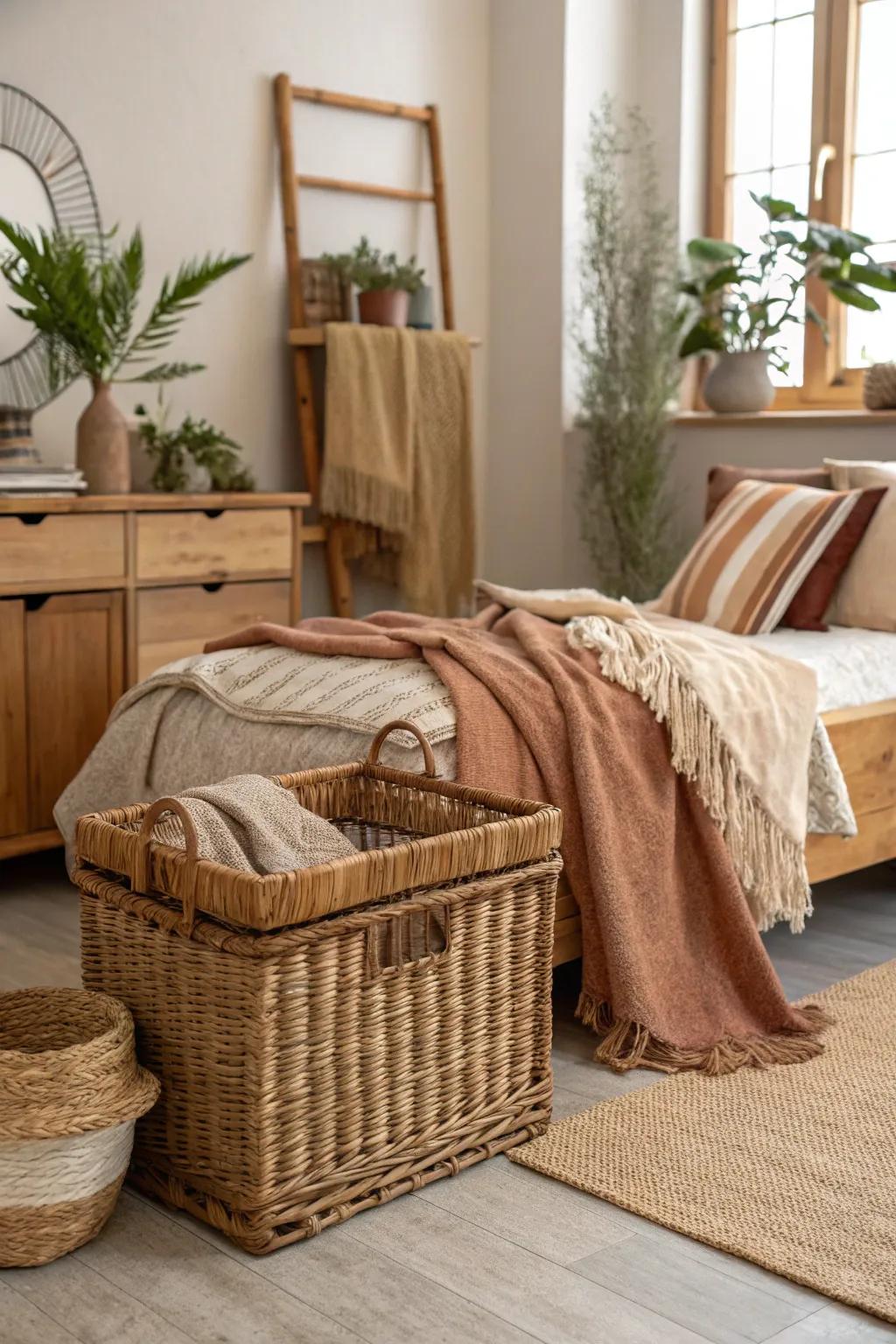 A bedroom showcasing earthy wicker baskets that incorporate both utility and style.