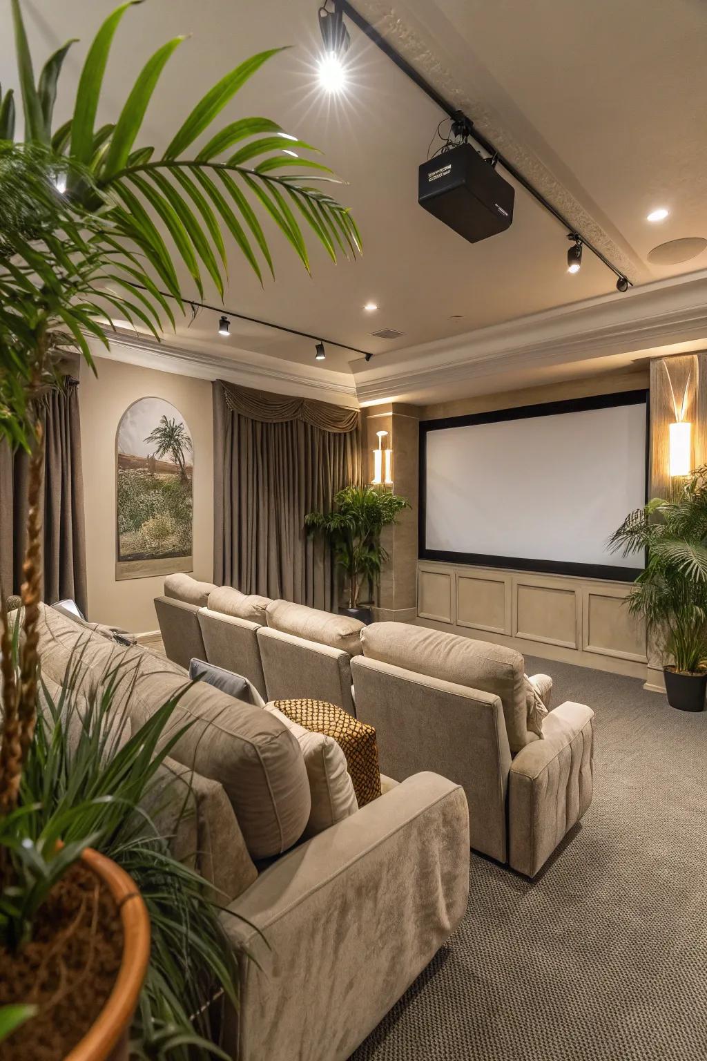 The space is balanced and has a touch of greenery with indoor plants.