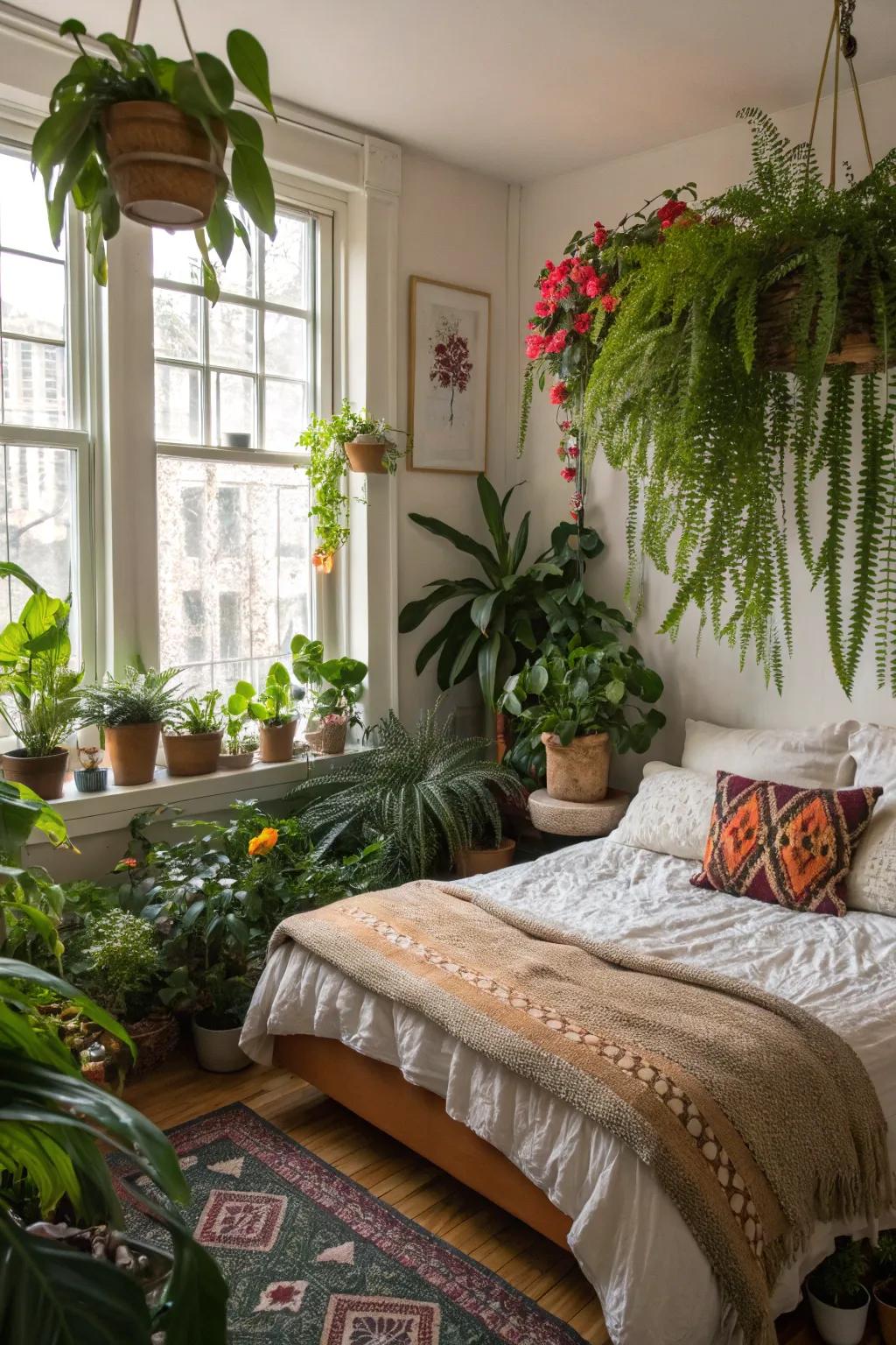 A variety of plant textures creates a comfortable and visually appealing bedroom.
