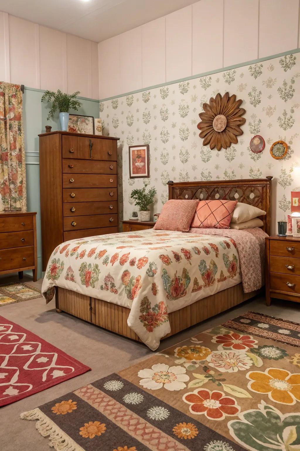 A retro-inspired bedroom with vintage elements and bold patterns.