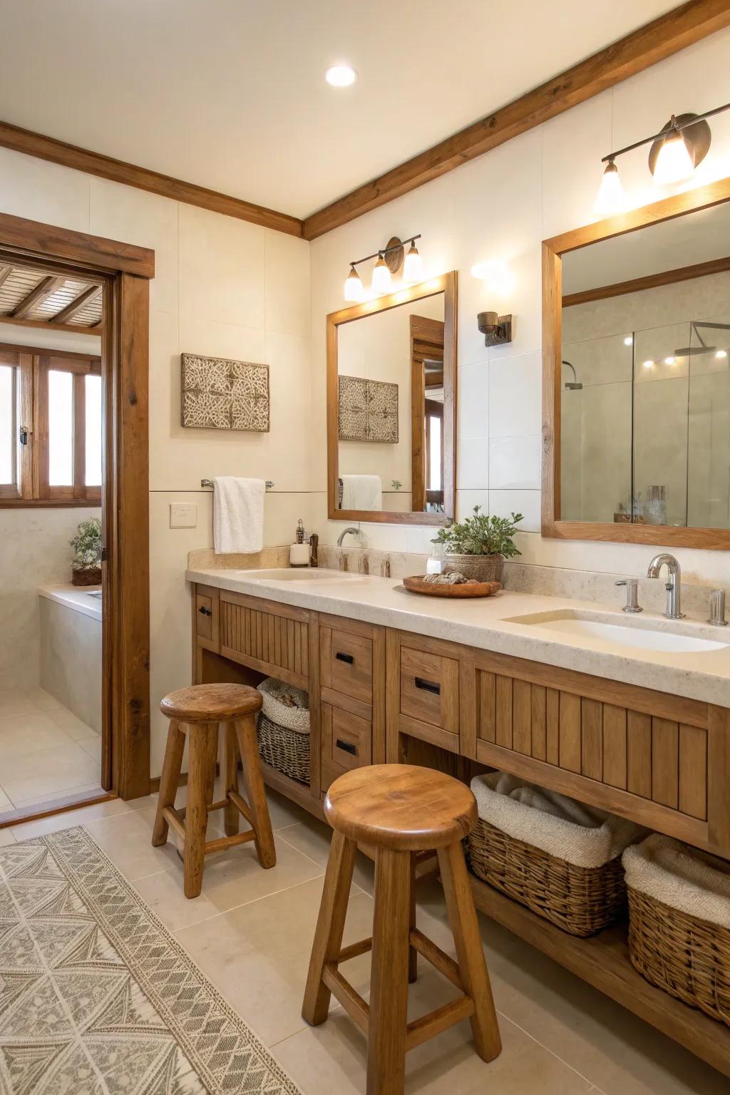 Wood aspects incorporate warmth and texture to this cream bathroom.