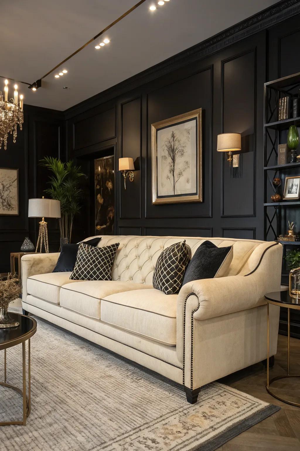 Dark tones provide a striking contrast to the vanilla sofa.