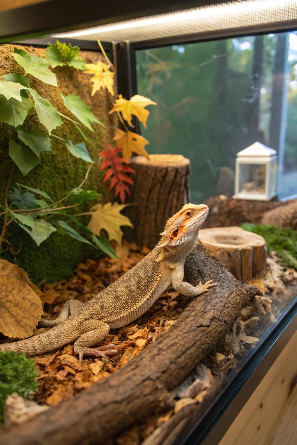 A woodland-themed habitat creating a cozy natural environment.