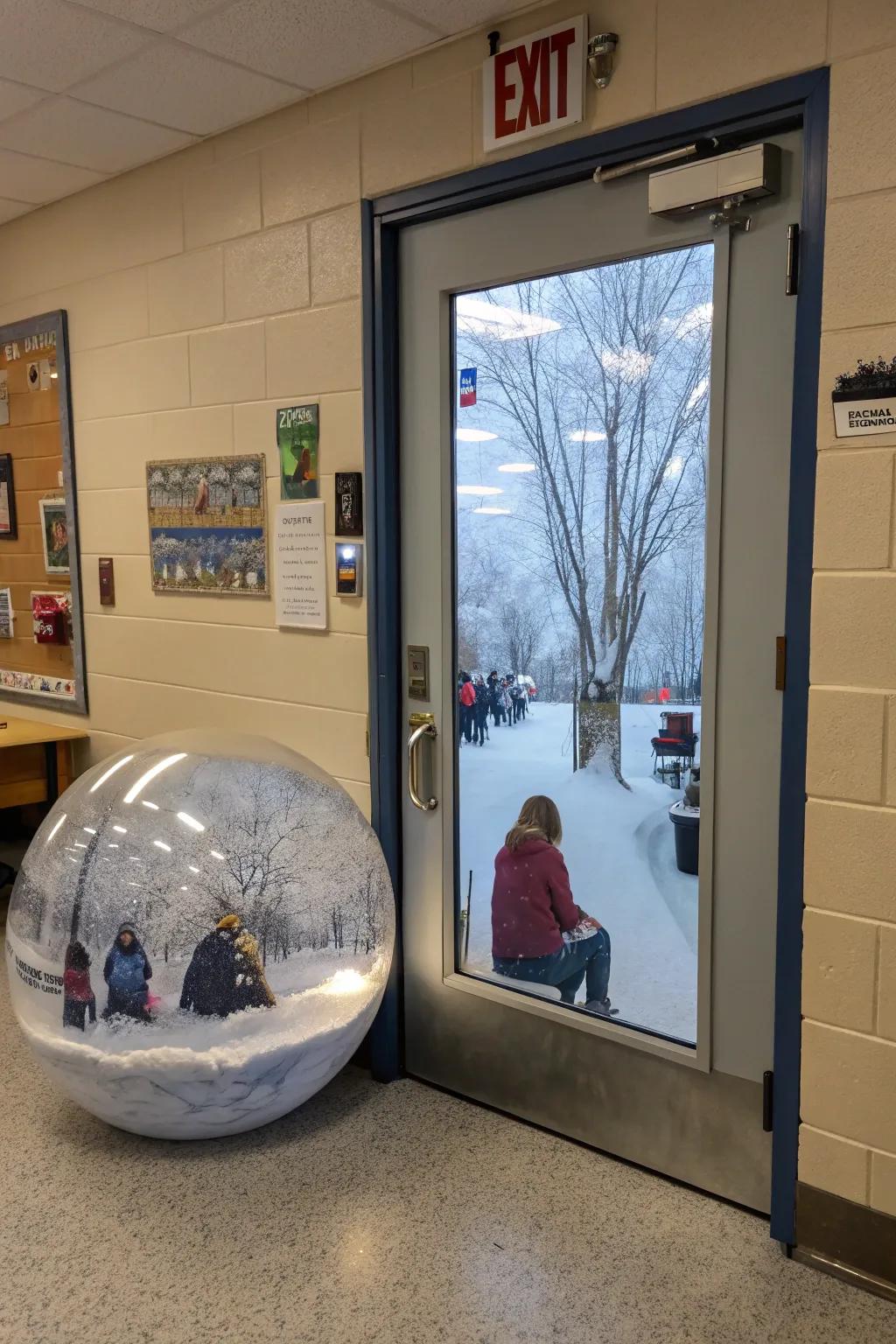A classroom door with a magical snow globe effect, capturing a winter scene.