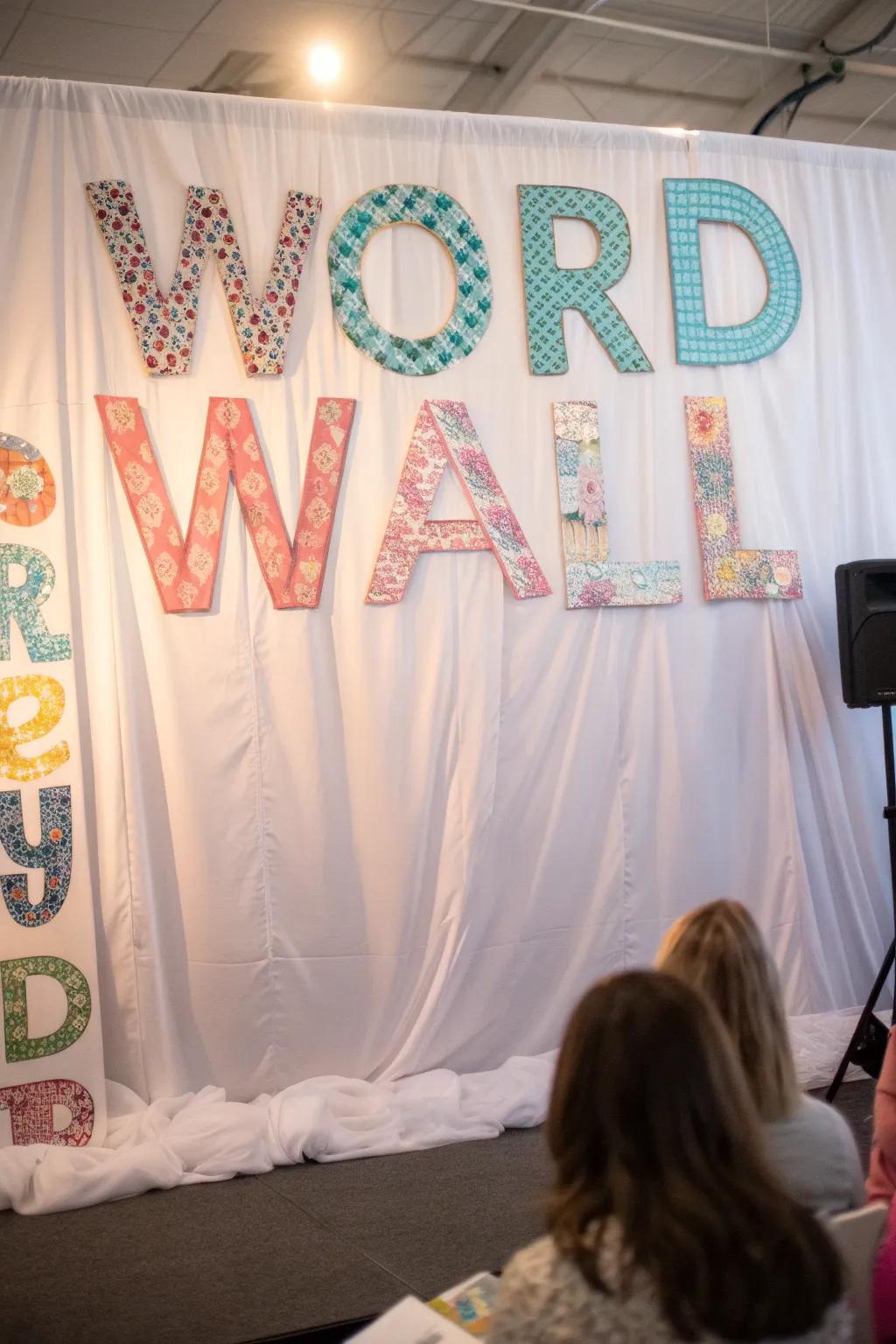 A cozy word wall featuring a soft cloth backdrop
