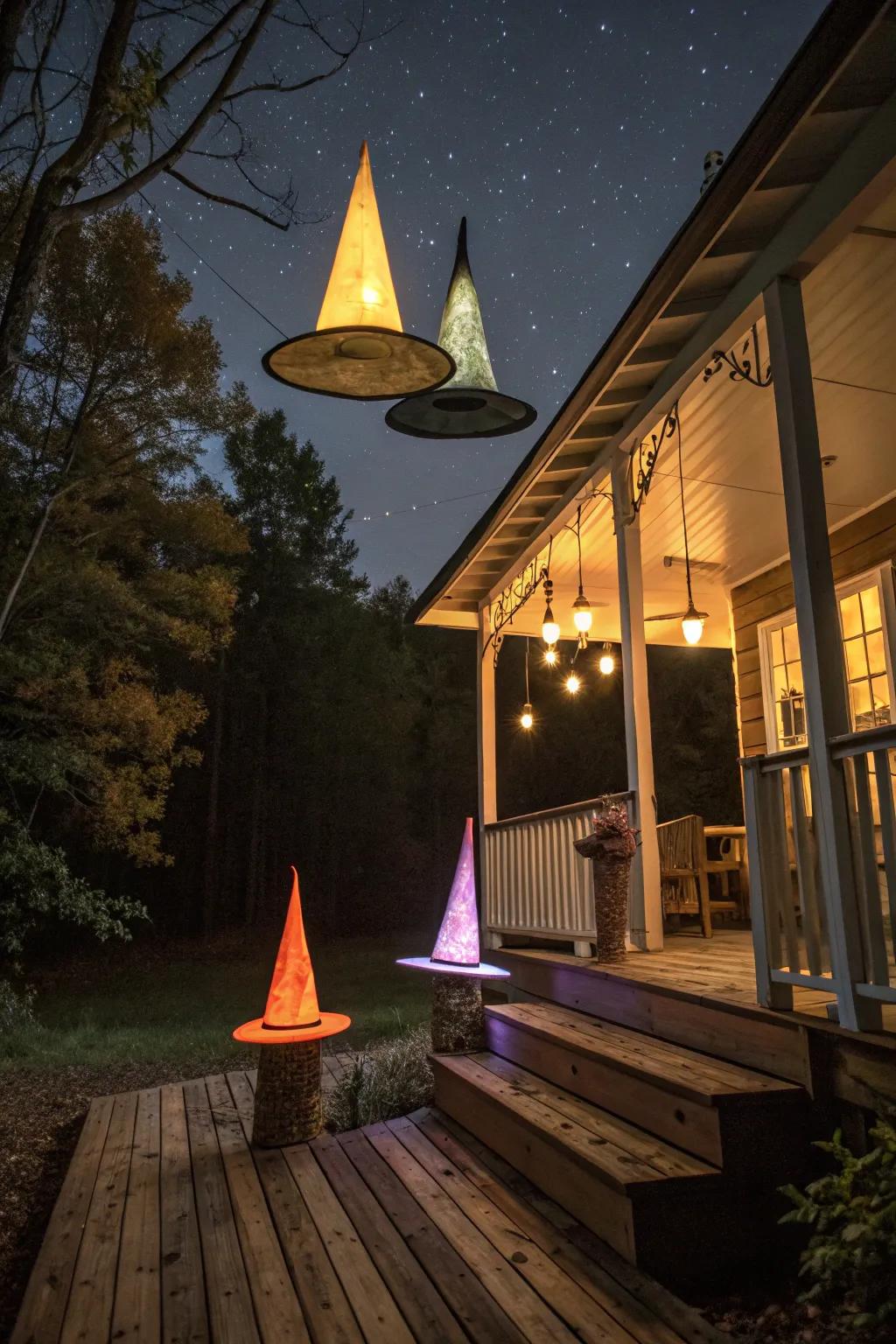 Levitating witch headwear enchant the night.