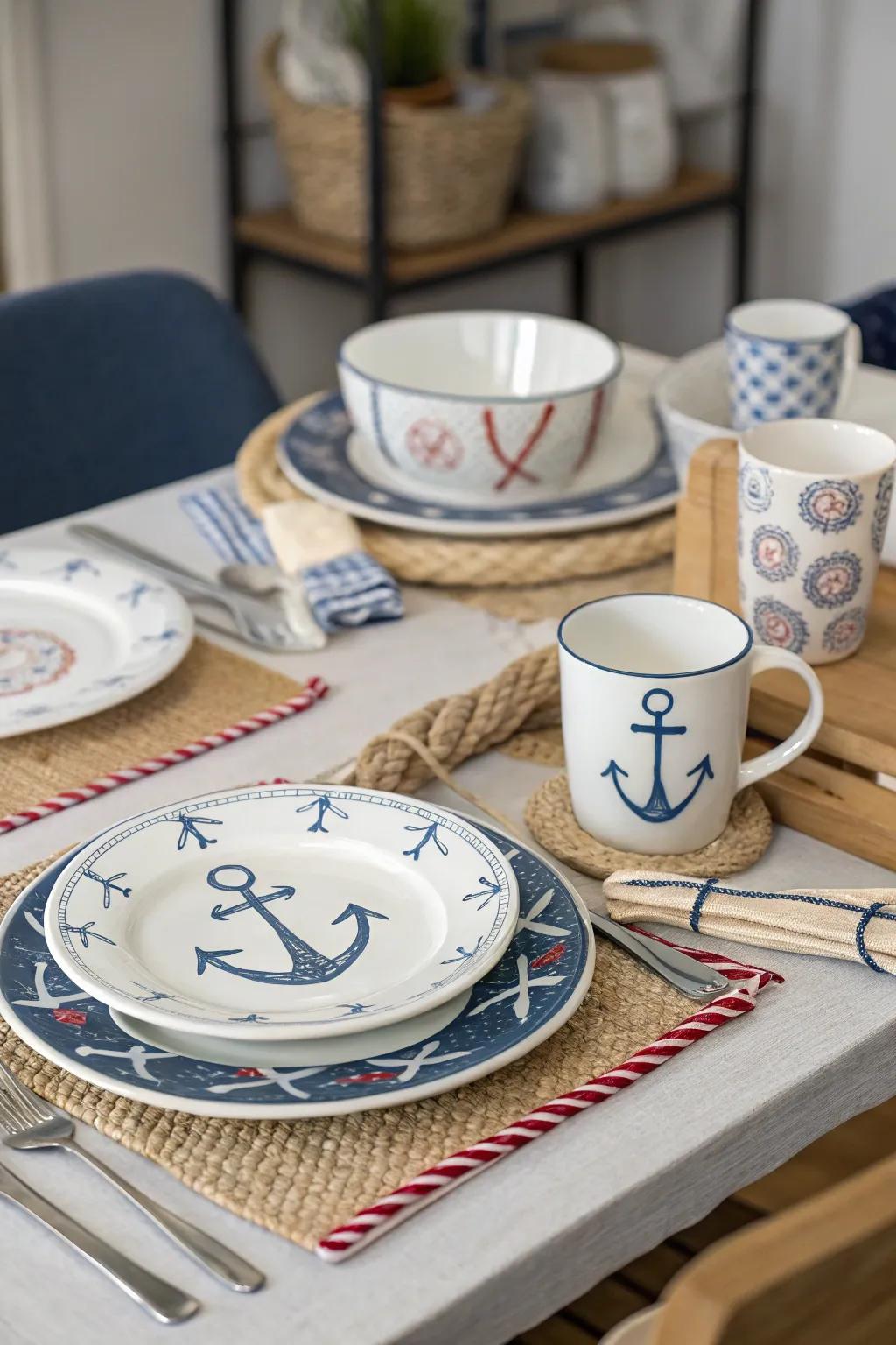 Nautical tableware binds the theme in totality.