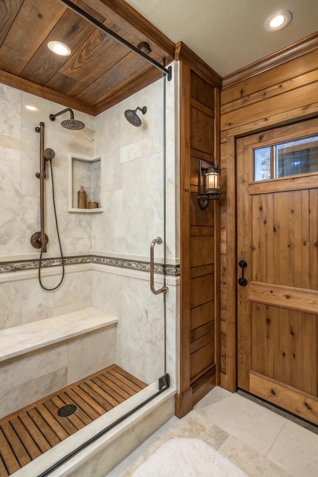 Complementary mediums enhance the charm of manufactured stone showers.
