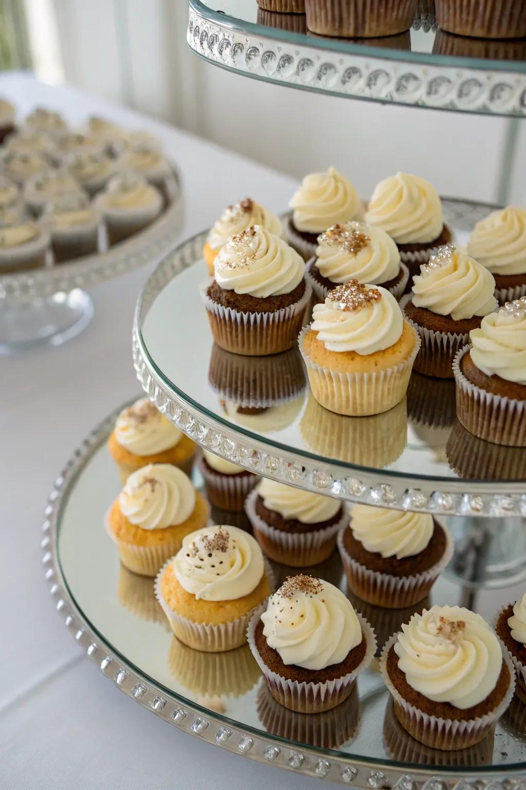 The mirrored trays give the cupcake presentation a glamorous and reflective touch.