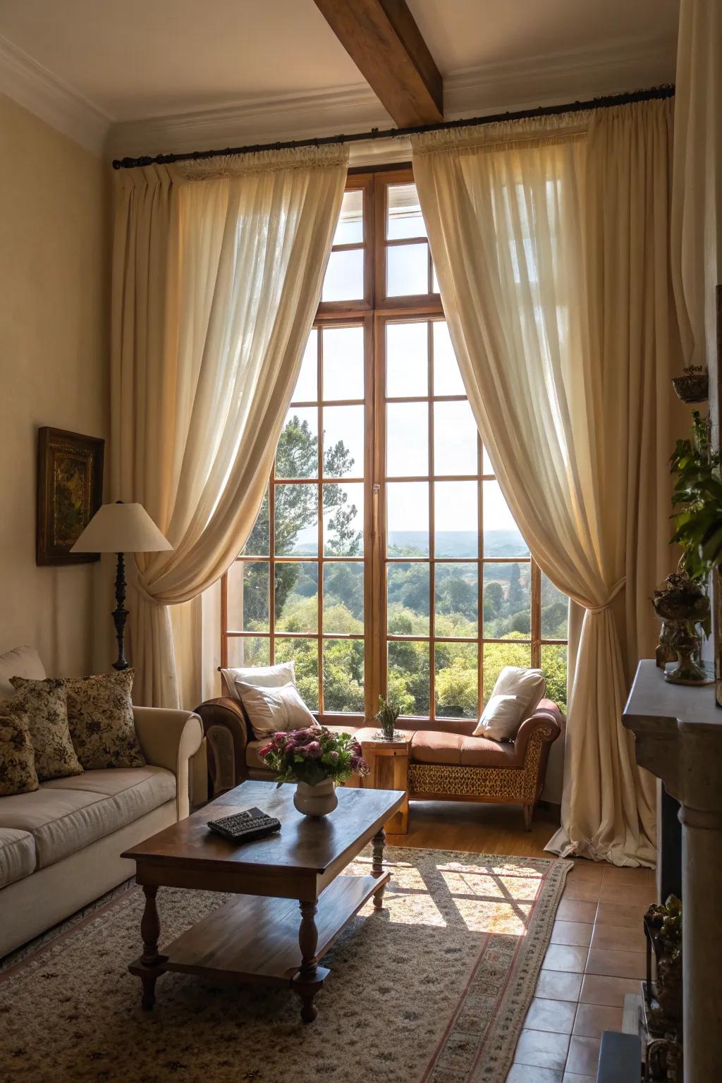 Curtains framing windows spotlight architectural beauty.