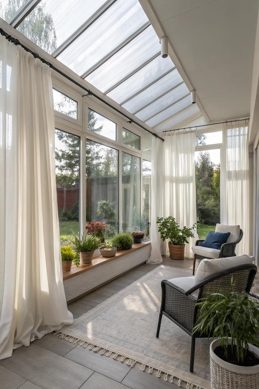 Minimalist curtains provide a clean and contemporary look for your sunroom.