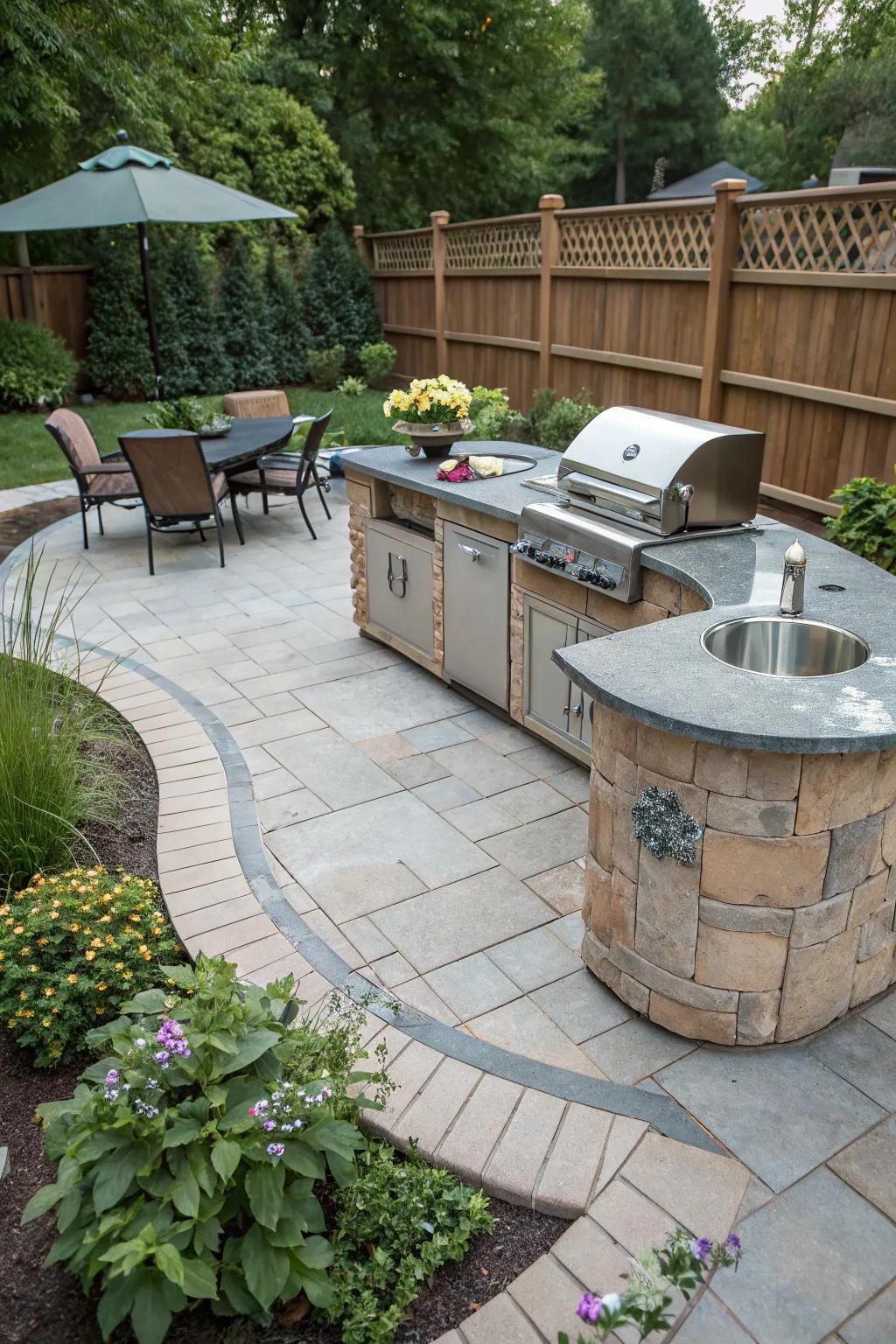 A unique open-air kitchen set within a curved patio style.