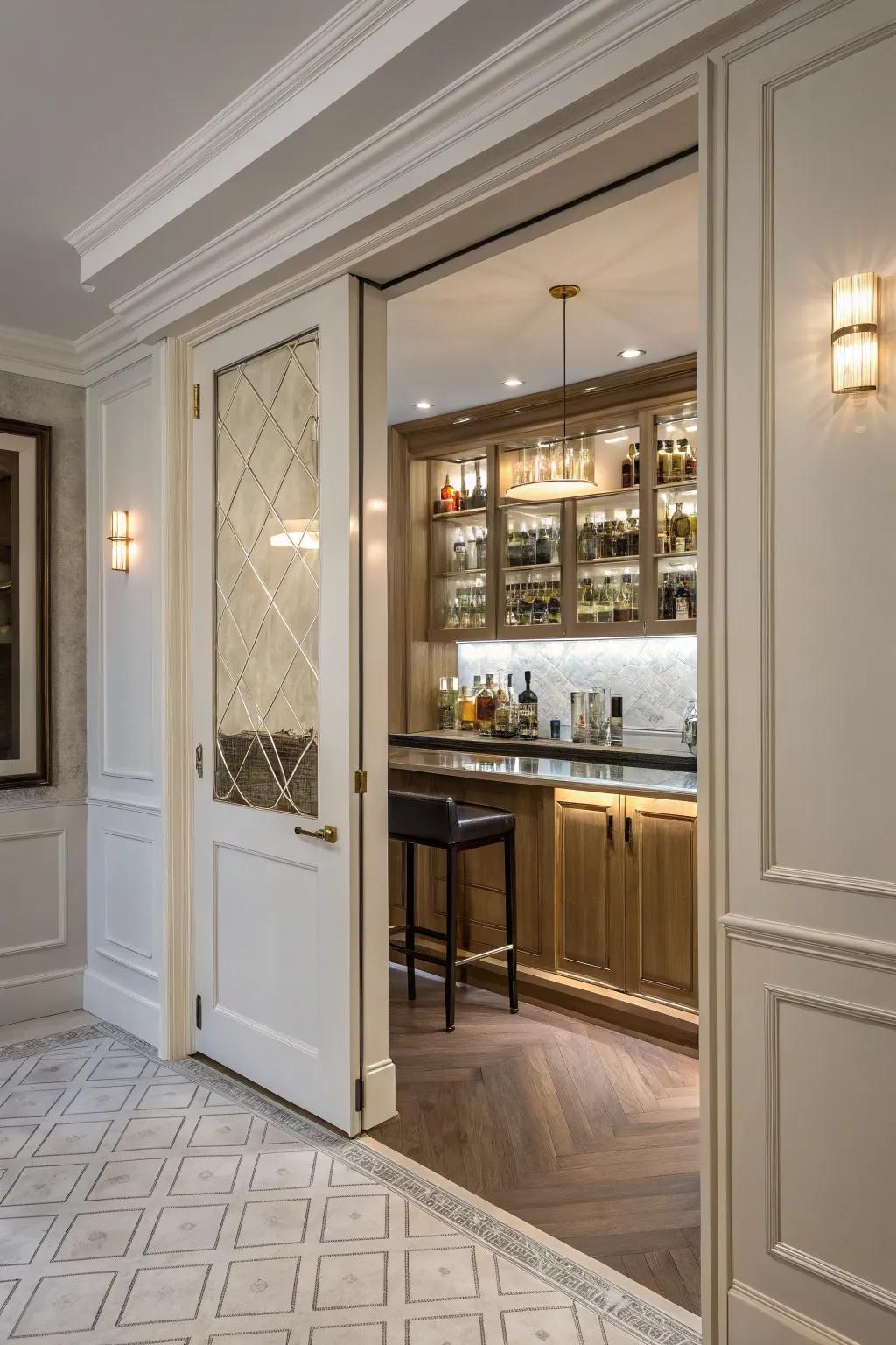 A hidden bar behind pocket doors provides a sleek, minimal look.
