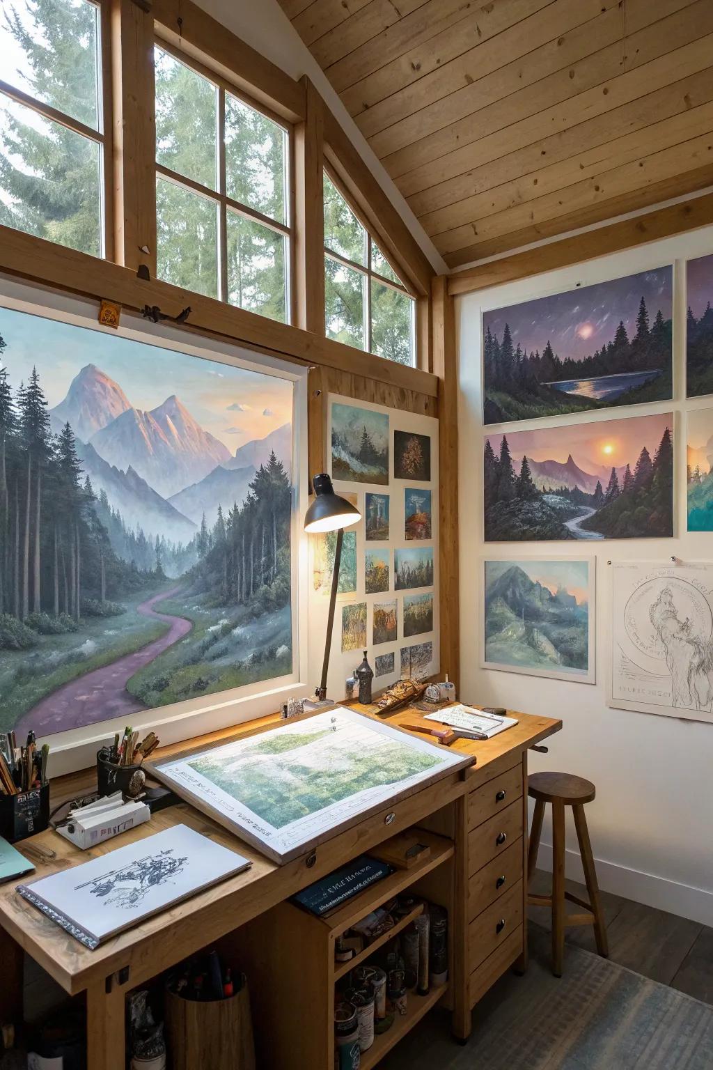 Dreamscape terrains sparking ingenuity in an artist's studio.
