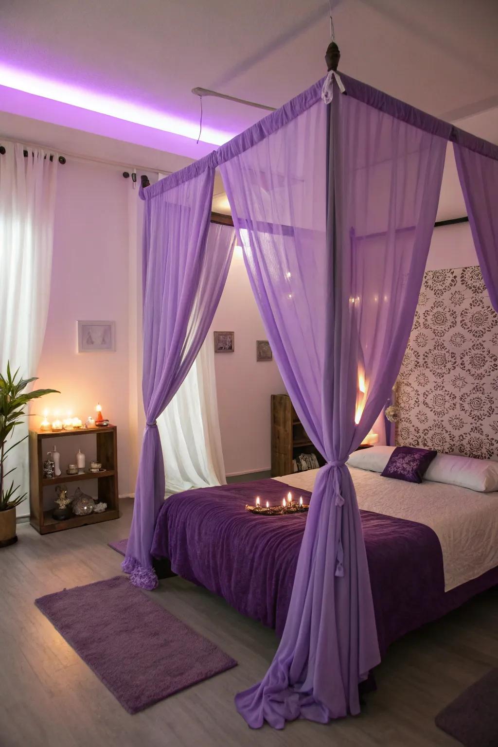 A four-poster bed with amethyst fabric creating a dreamy escape.