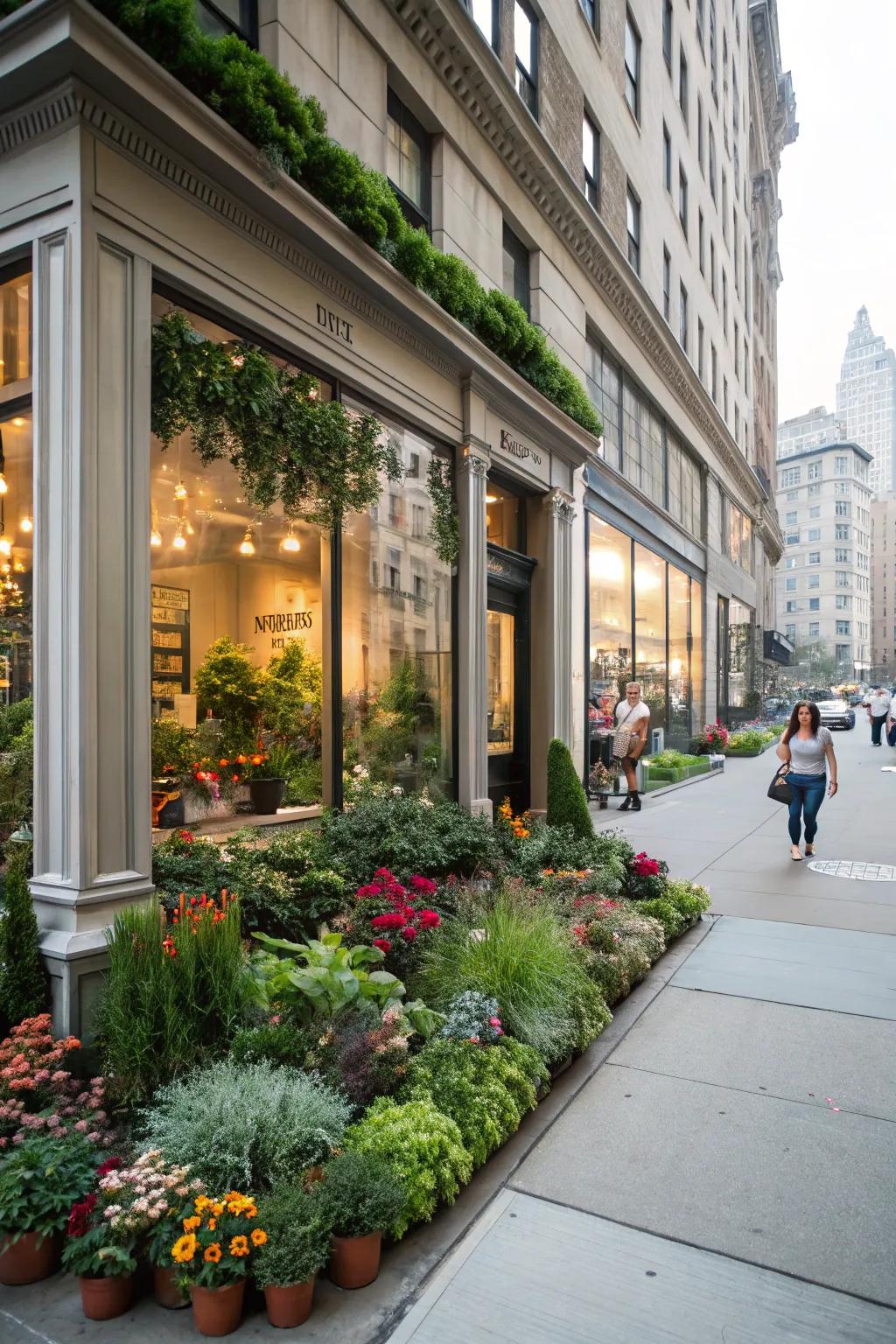 A shopfront showcasing a rich small garden, creating a delightful surprise.