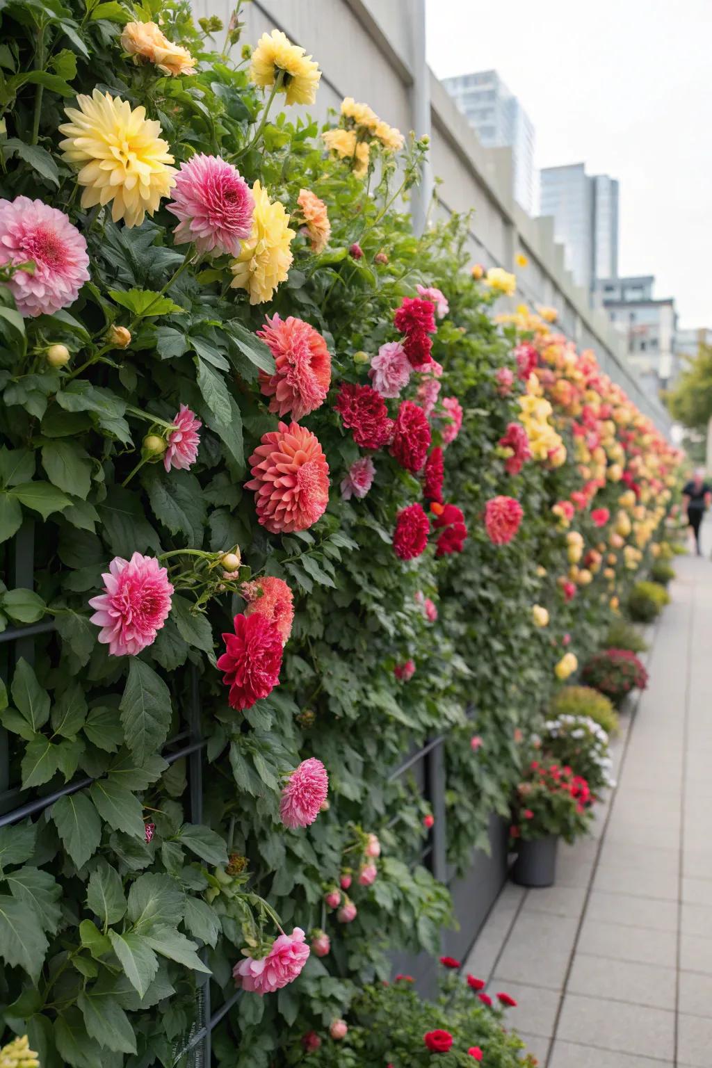 A vibrant living wall comprised of sunburst blossoms.