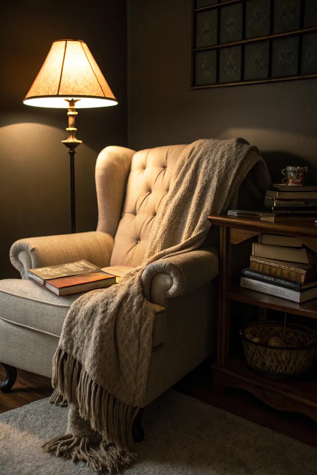 A reading spot is suited for unwinding and thought.
