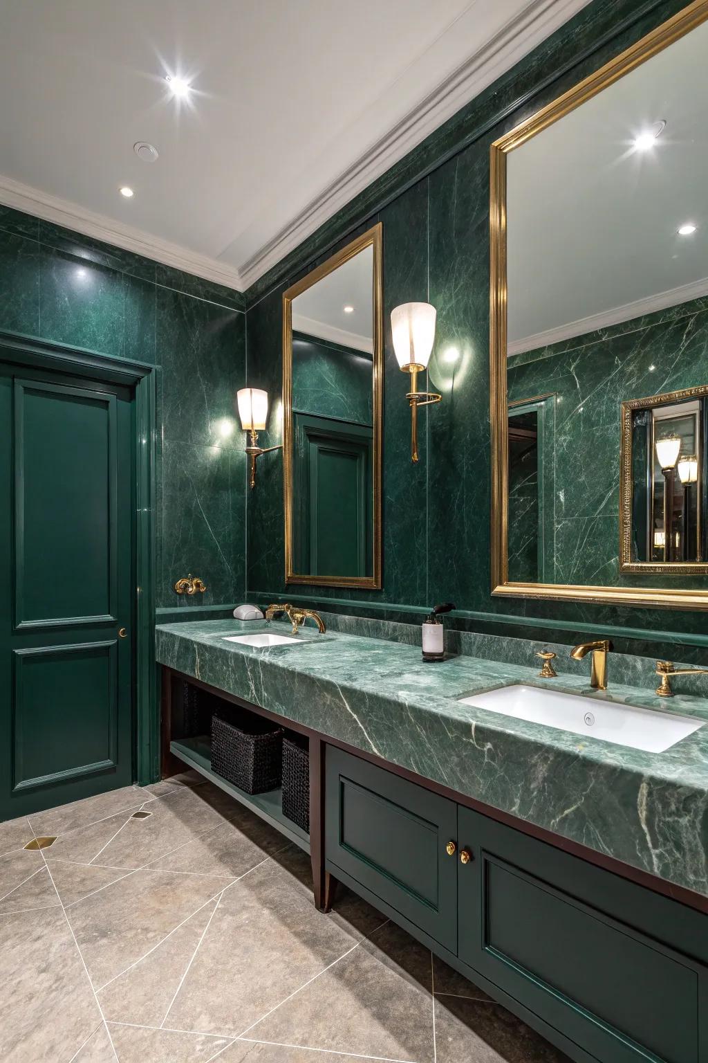 Green marble countertops add elegance and uniqueness.