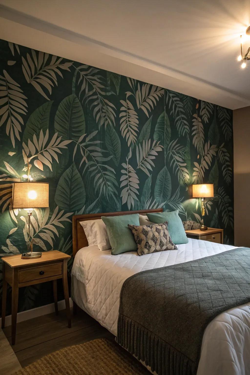 A bedroom with shadowy jade frond pattern covering creating a natural ambiance.