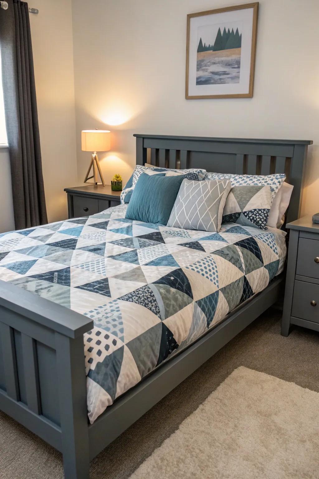 Patterned schemes bring a modern twist to a grey-themed boudoir.