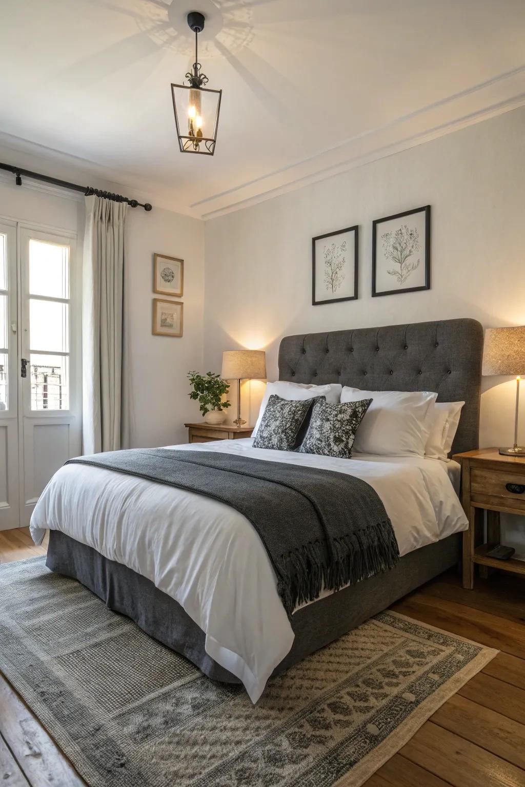White elements create a classic contrast with dark grey bedding.