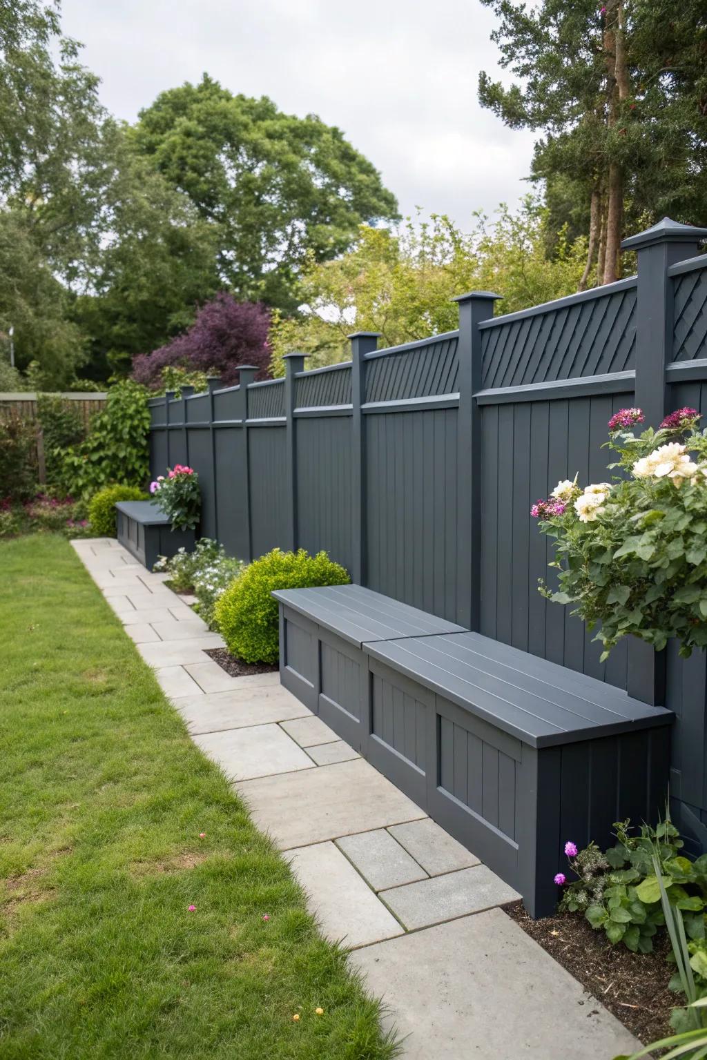 A deep charcoal fence with built-in benches offers seating and storage solutions.