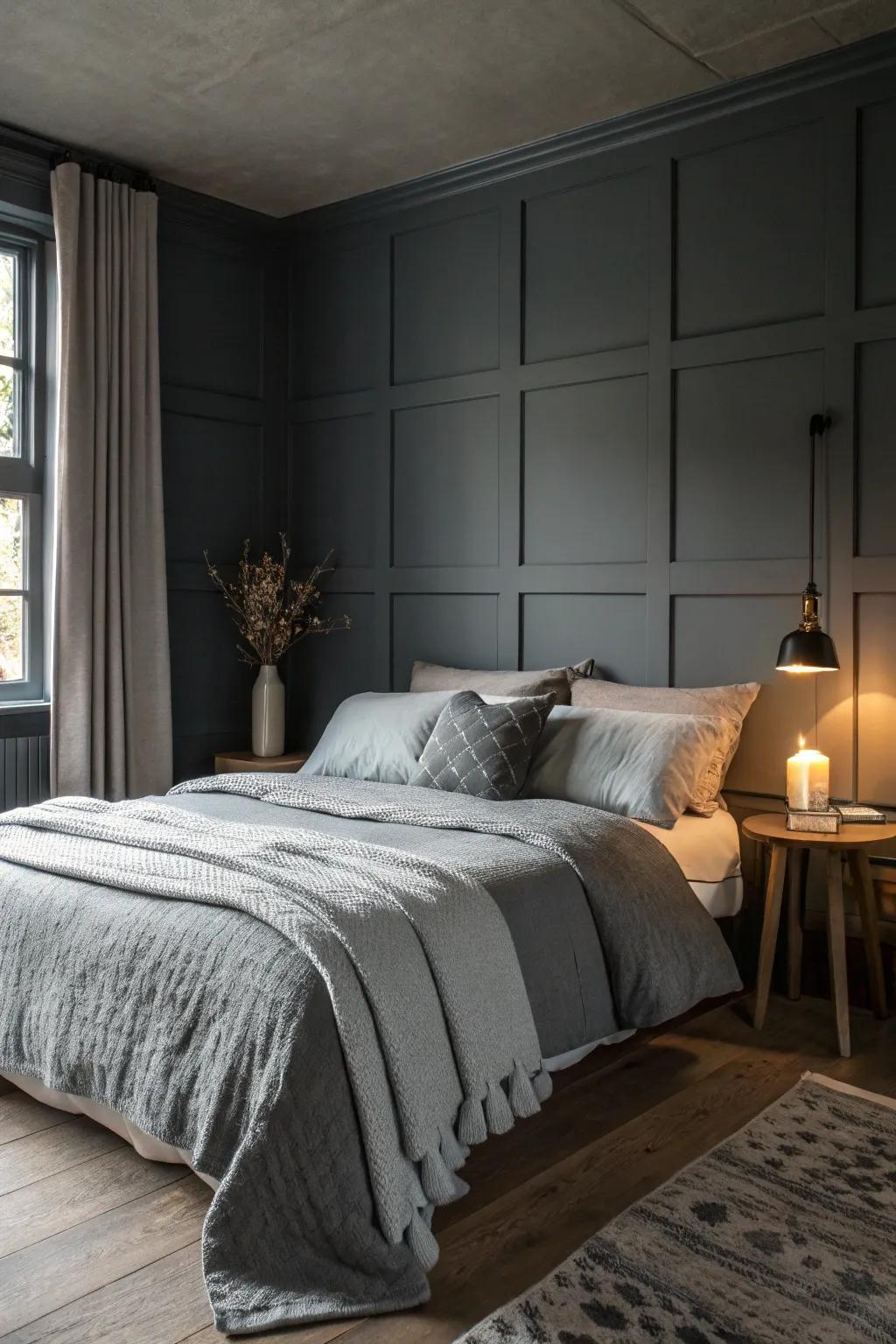 Layered grey bedding deepening the feel of the bedroom.