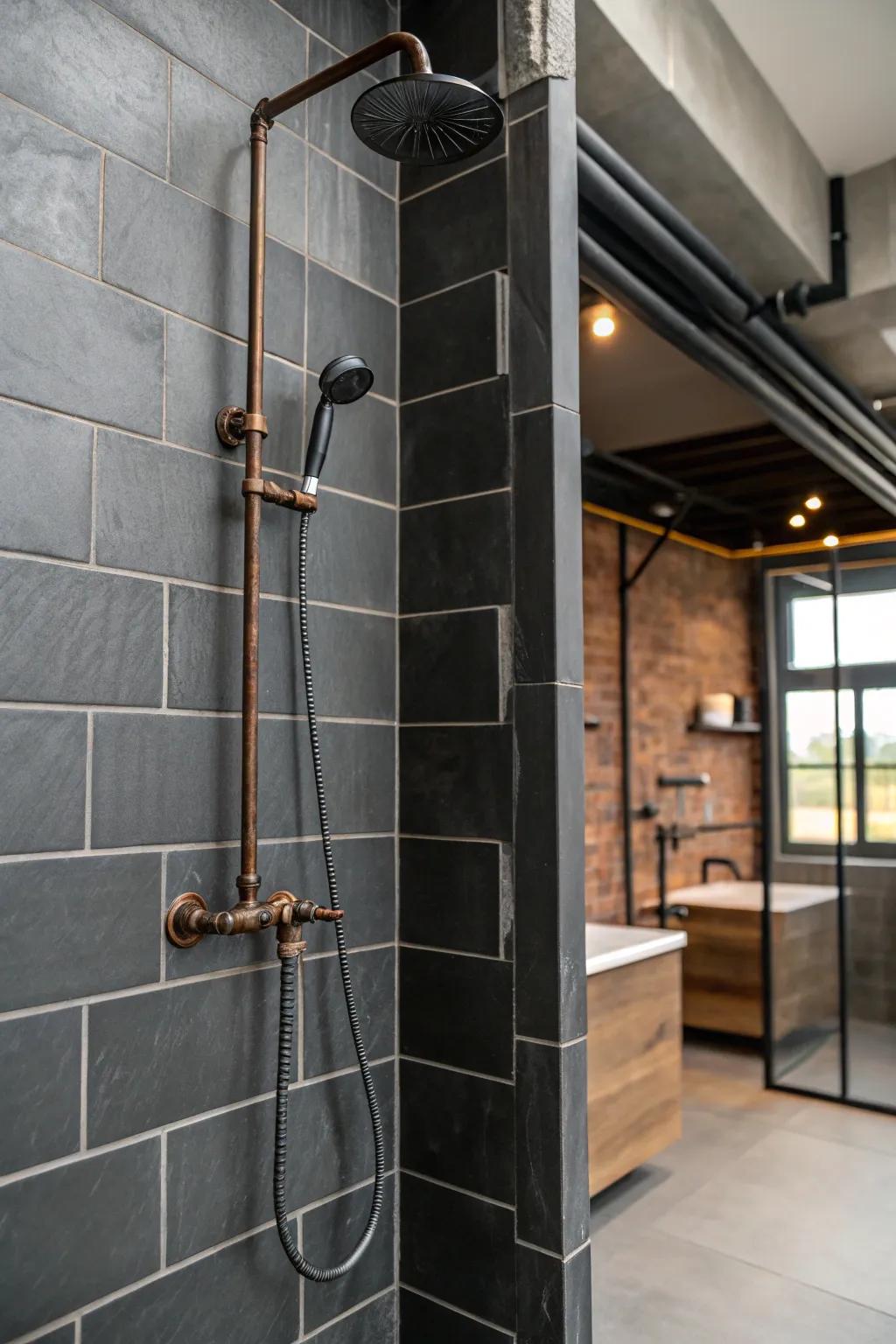 A workshop aesthetic pairs seamlessly with deep charcoal panes.