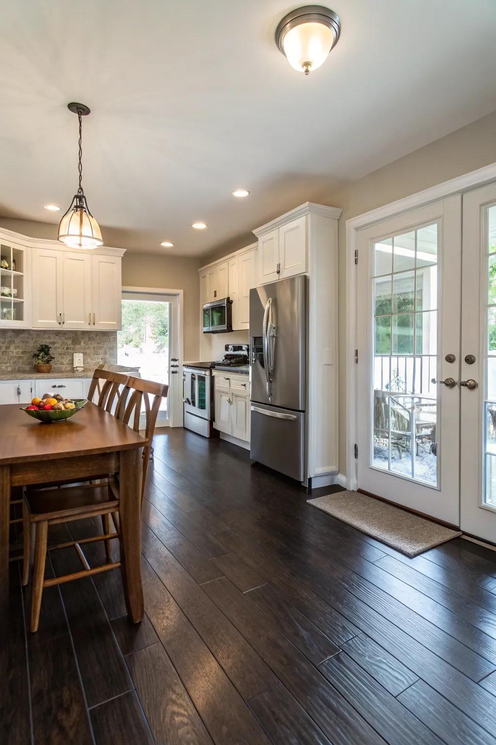 Deep timber flooring contributes depth and anchors the cooking area aesthetic.