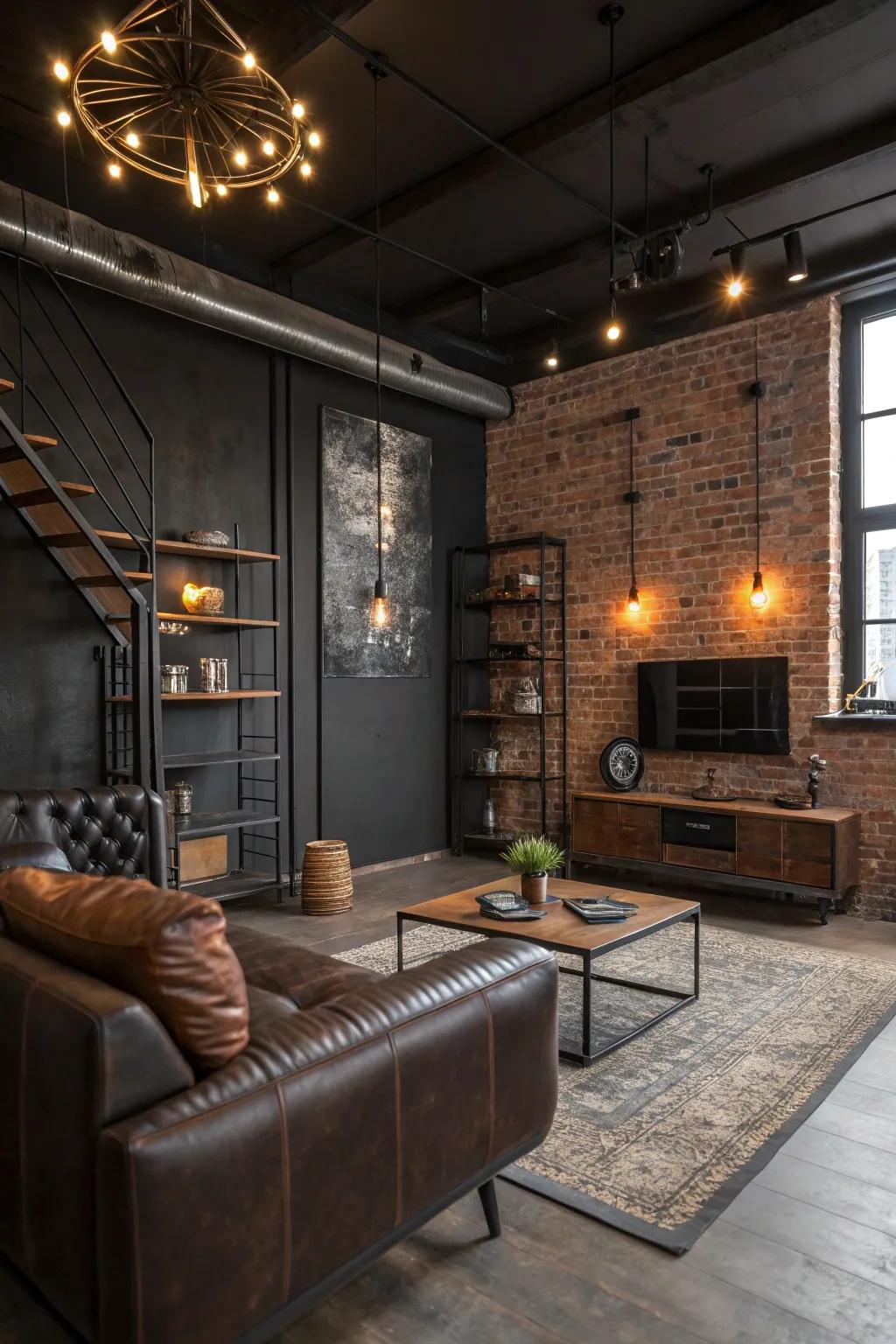 An industrial edge living room with urban chic decor.