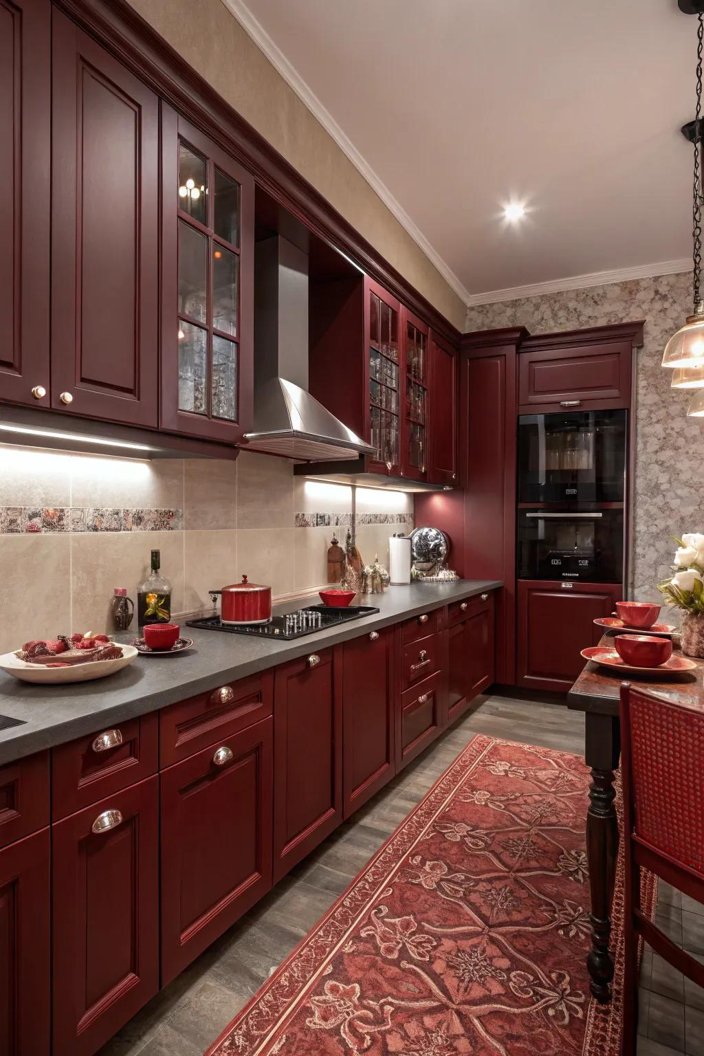 Striking monochromatic kitchen in scarlet tones.