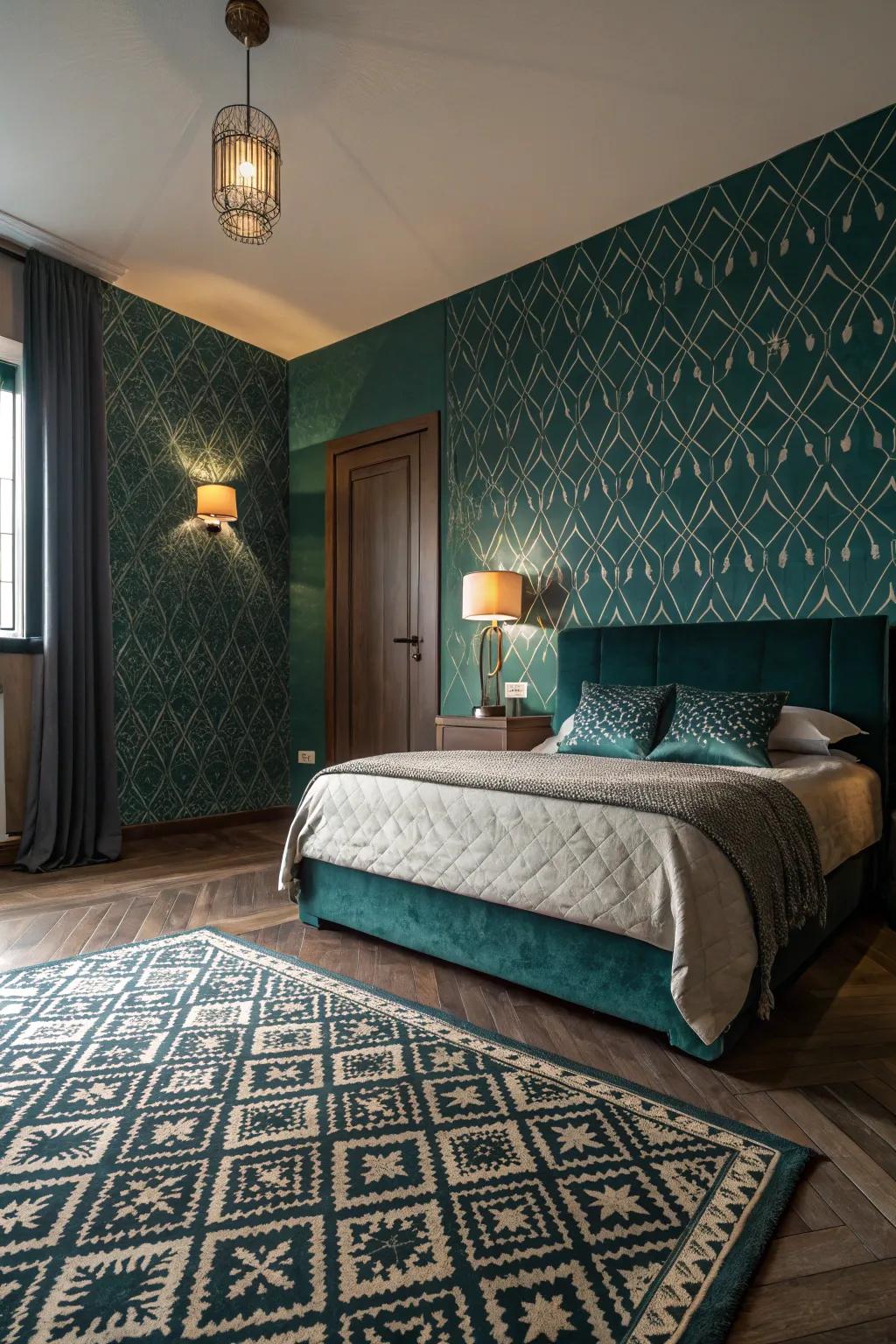 Patterns convey dynamic energy to a teal space.