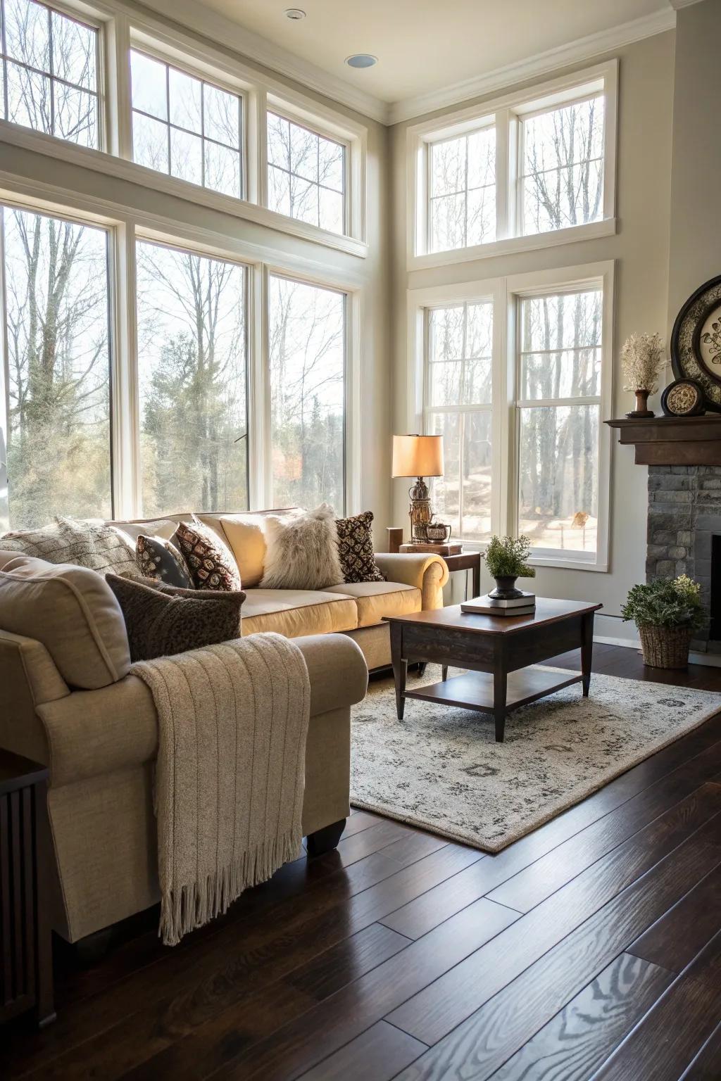 Natural light brightens up the lounge with the wooden floors.