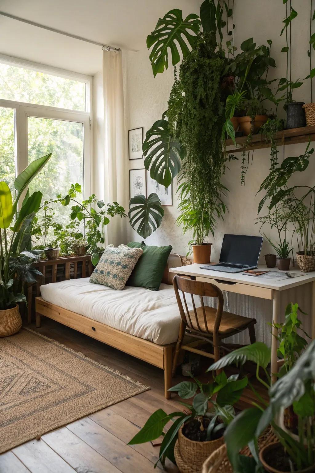 Plants make a room that does many things feel more alive and peaceful.