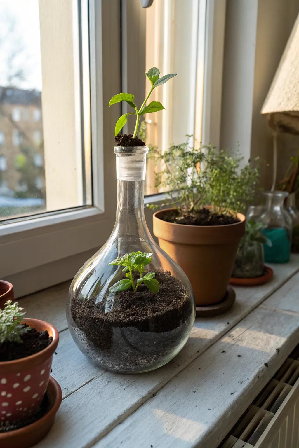 Elegant vessels acting as unique planters for indoor greenery.