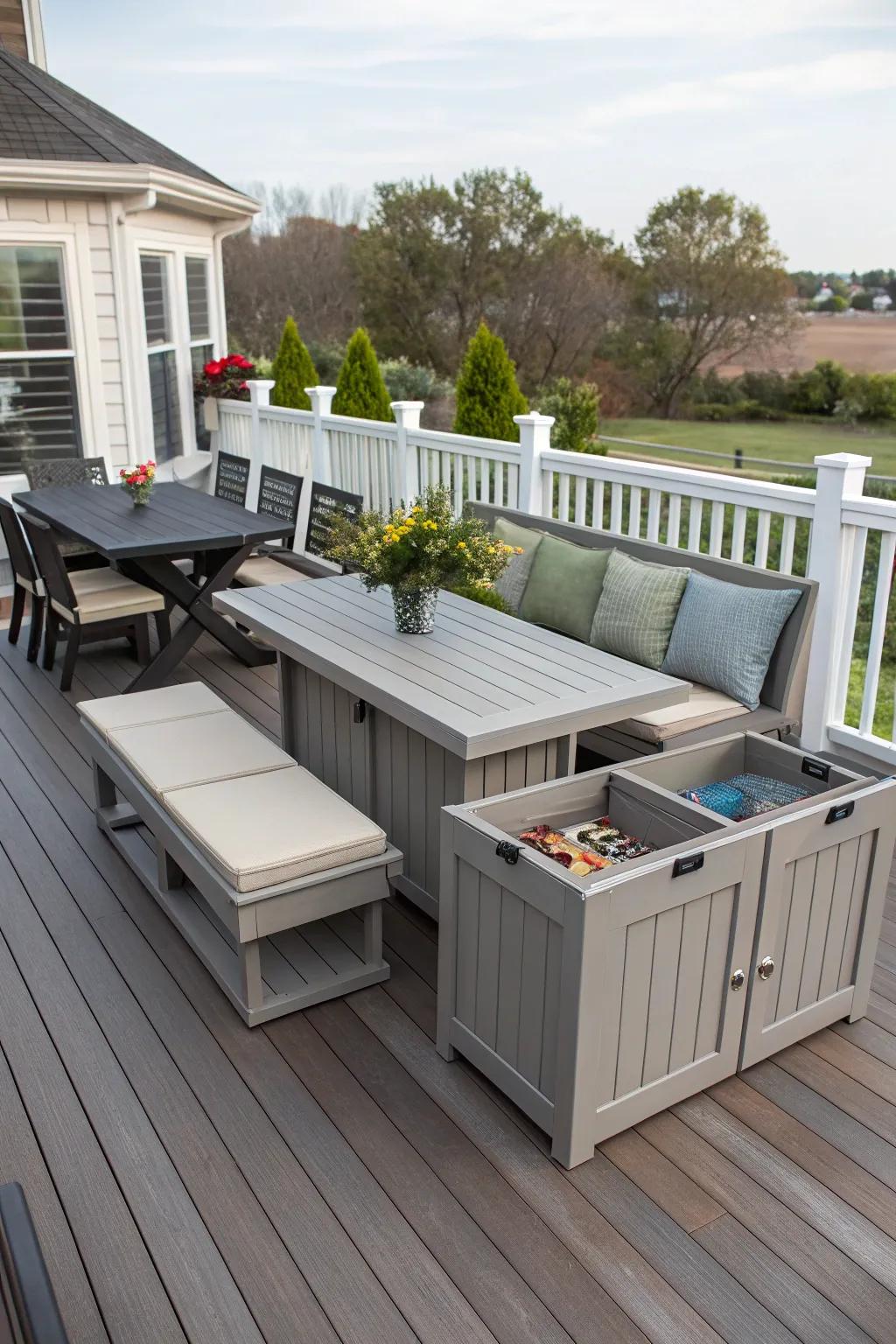Multipurpose furniture maximizes space and utility on your deck.