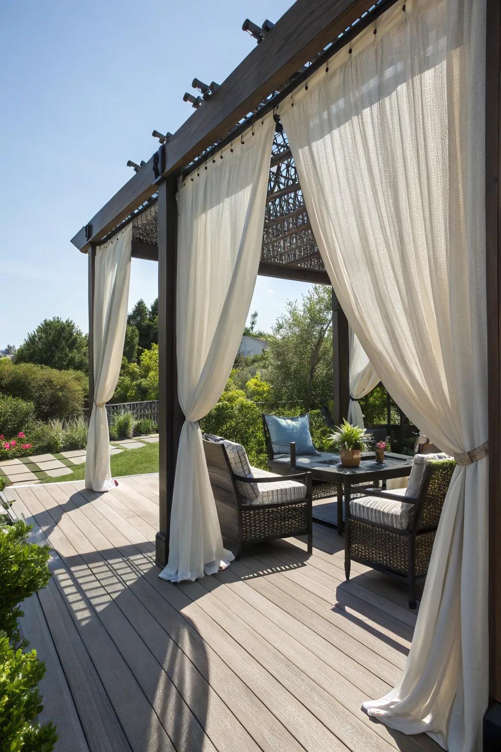 Outdoor drapes provide shade and transform your deck into a private retreat.