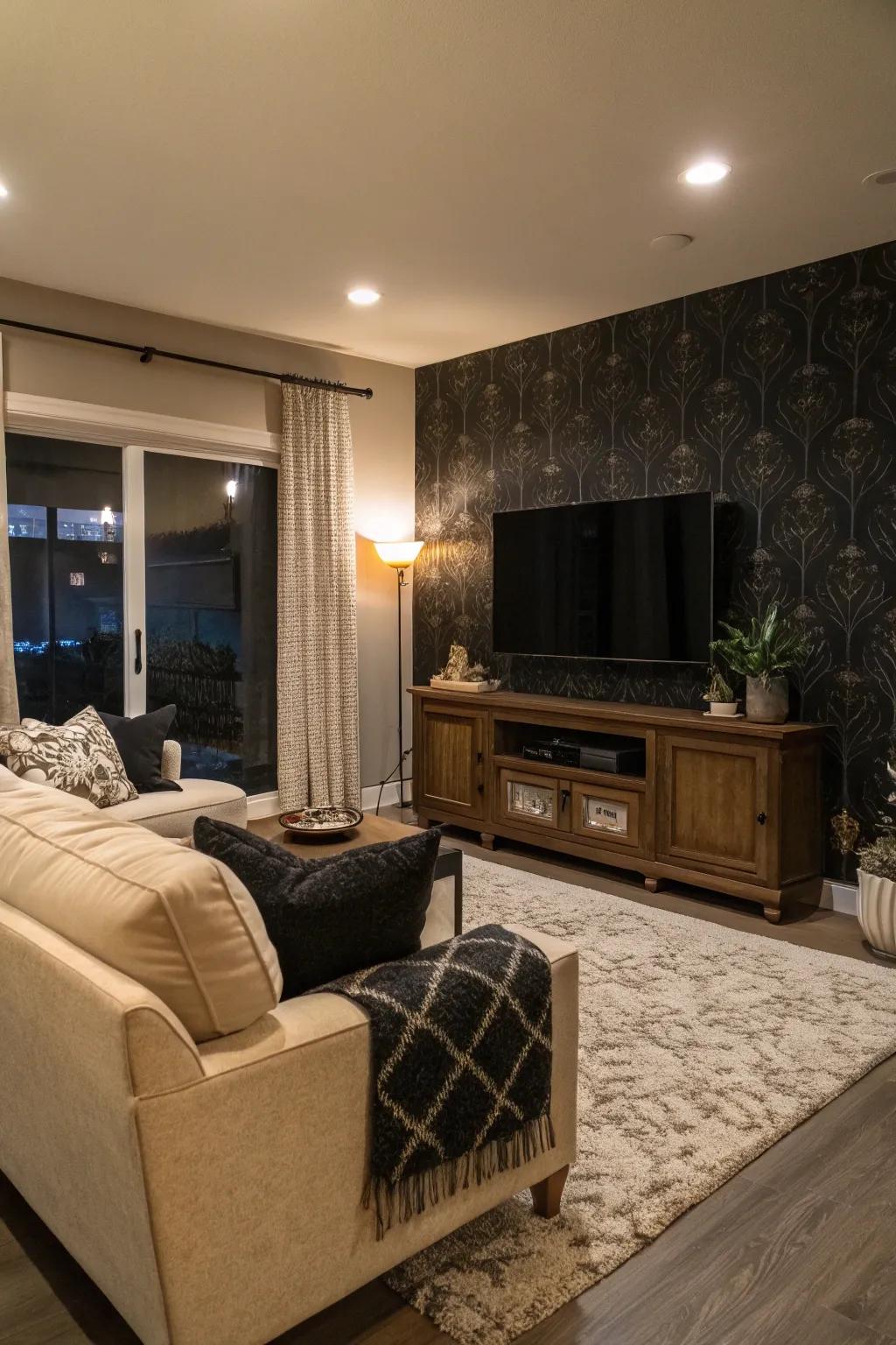 A dark backdrop conceals the TV, lessening its visible effect.