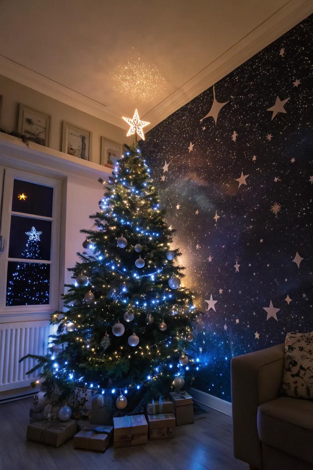 A starry night-themed Christmas tree sporting sparking lights and star decorations.