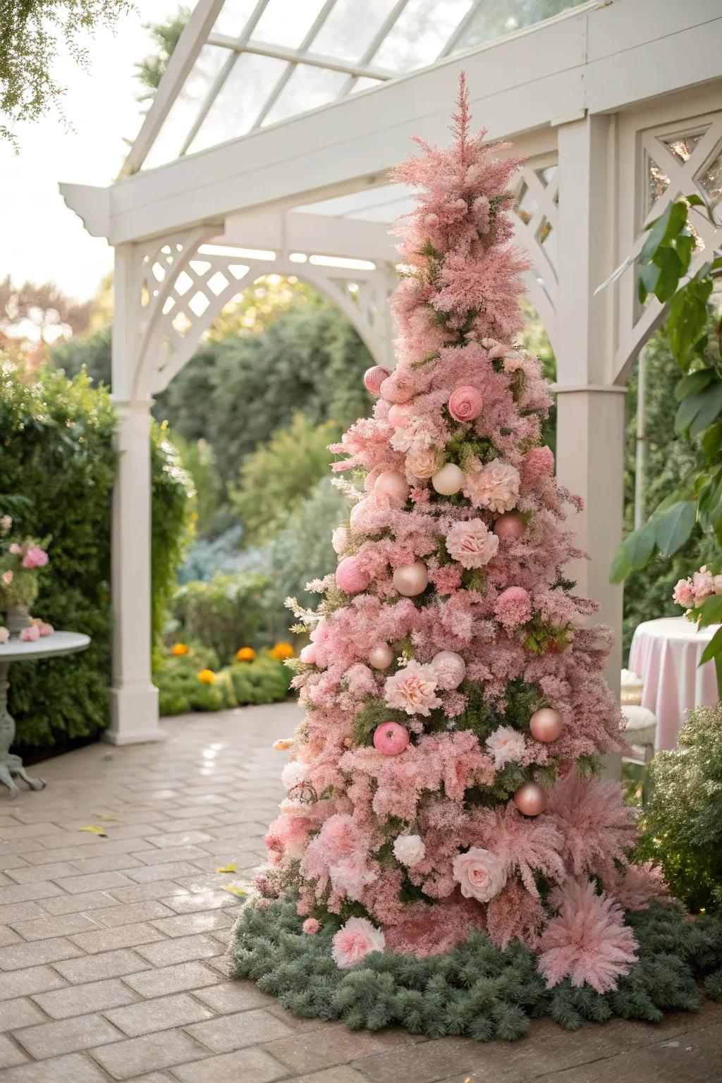 A romantic pink tree adorned with blush faux florals.