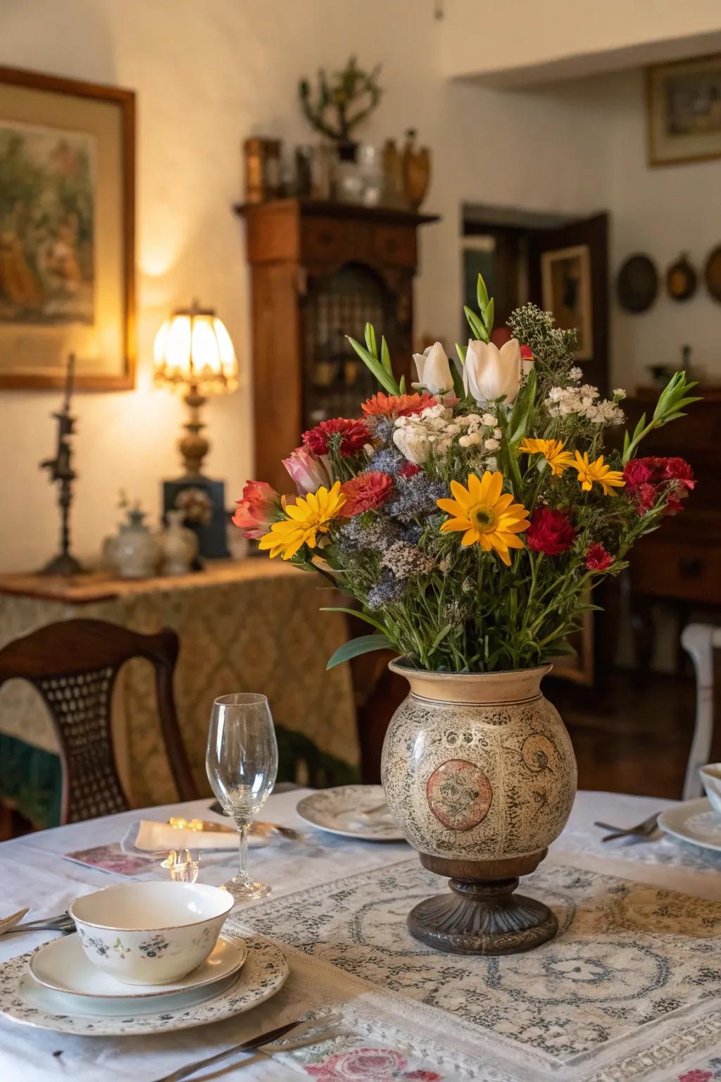 Classic receptacles brimming with flowers introduce the allure of nature indoors.