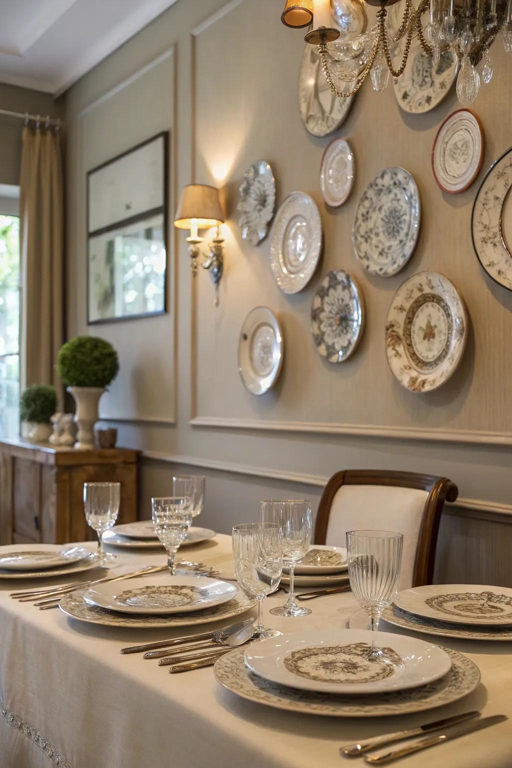 Dishes that complement the table setting enhance the dining room.