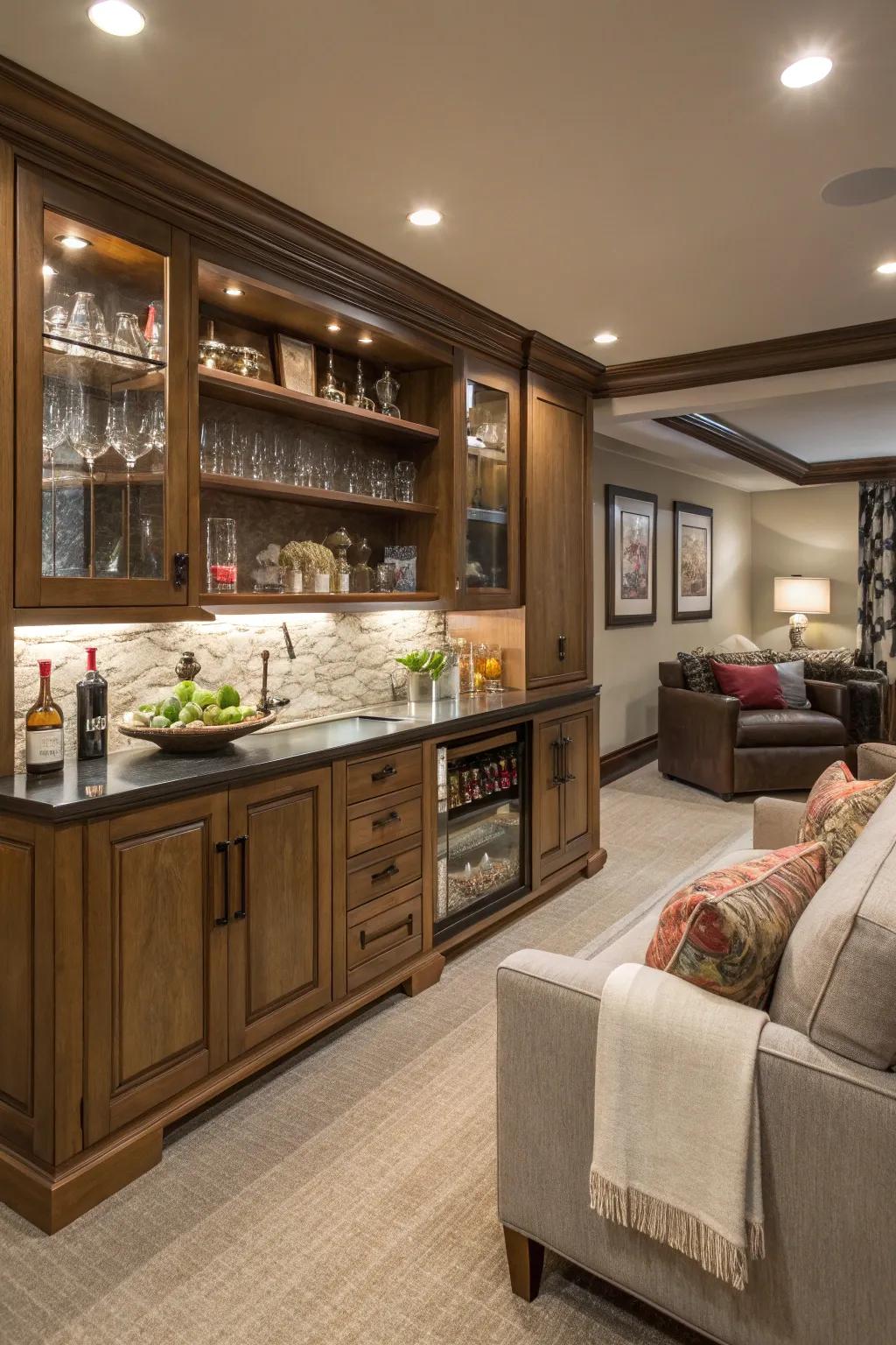 A domestic bar infusing a social aspect into the den.