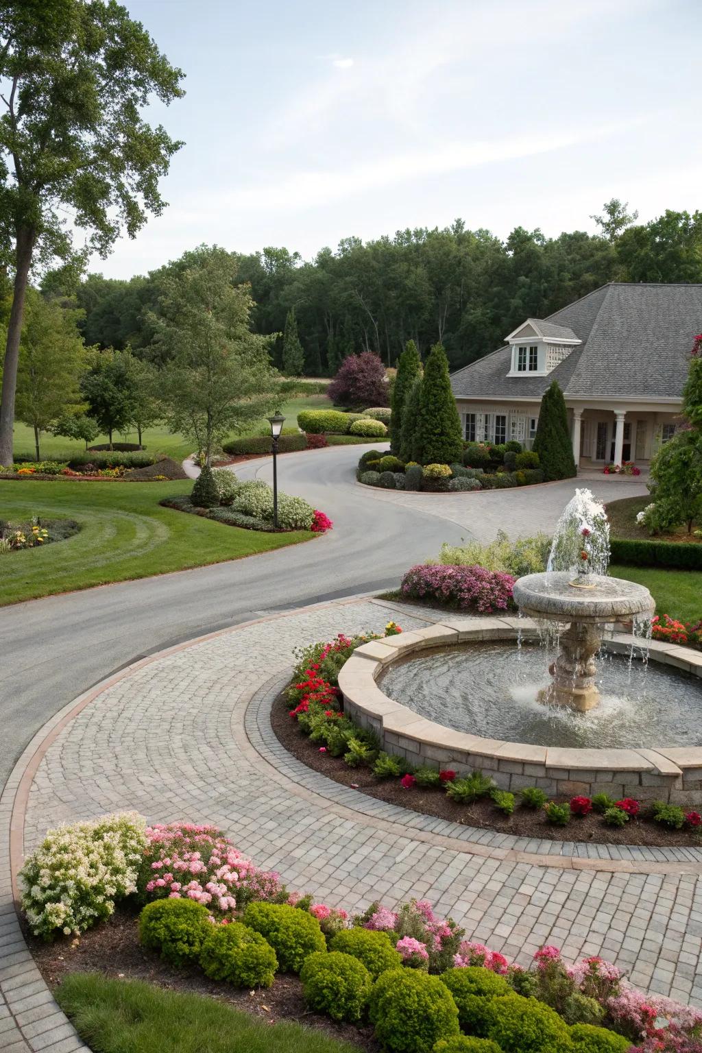 A tranquil aqua element imparts a hint of serenity to this exquisitely landscaped driveway.